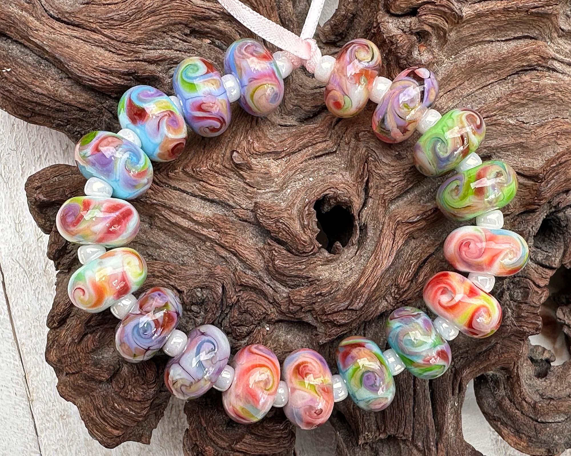 18 Sunrise Pastel Swirls Lampwork Glass Beads Set for Jewelry Making - DIY Bracelets, Necklaces & Craft Projects (SRA)