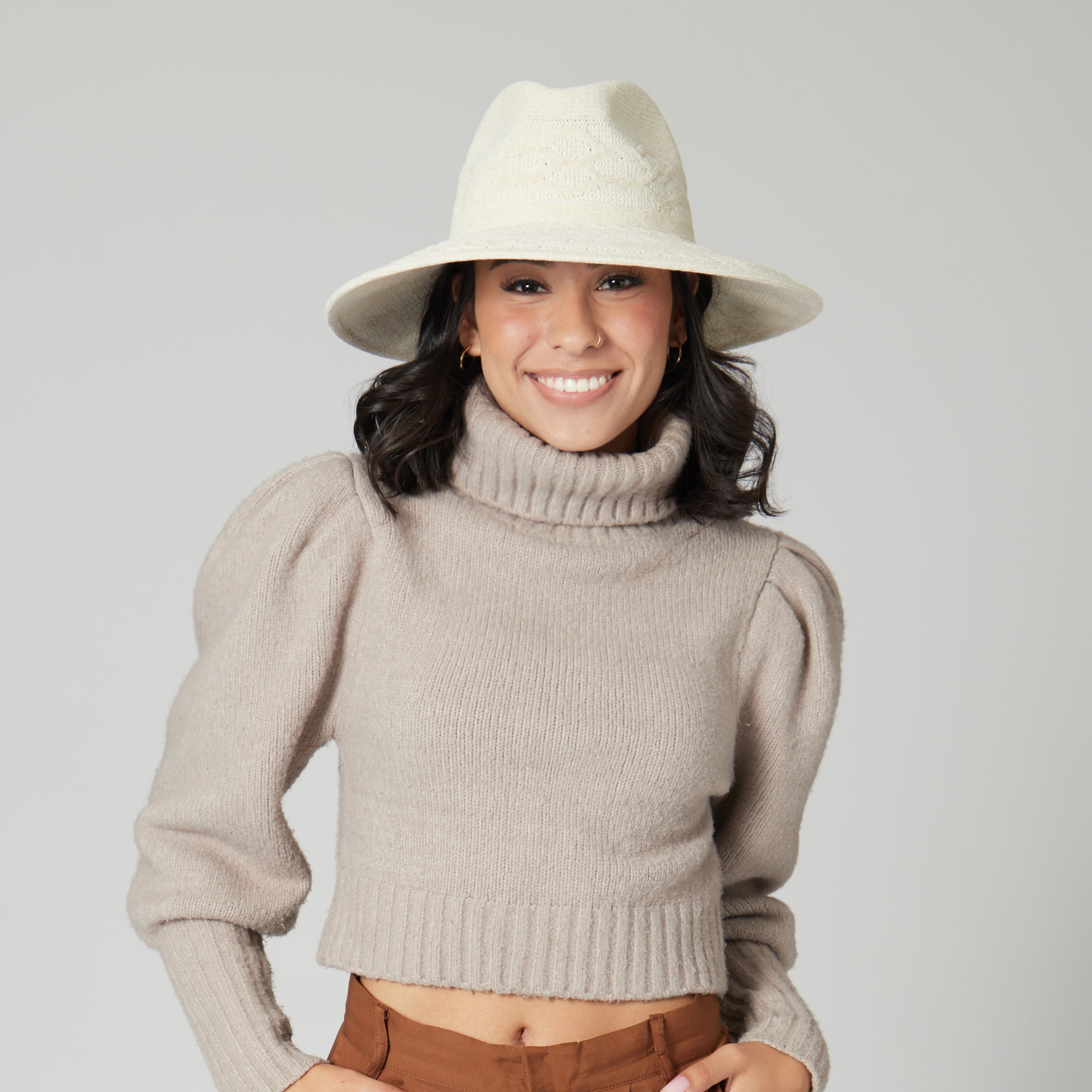 Nellie Machine Knit Fedora Hat with Cable Knit Pattern - Stylish Winter Beanie for Women, Perfect for Outdoor Activities & Fashion Accessories (KNH1509)