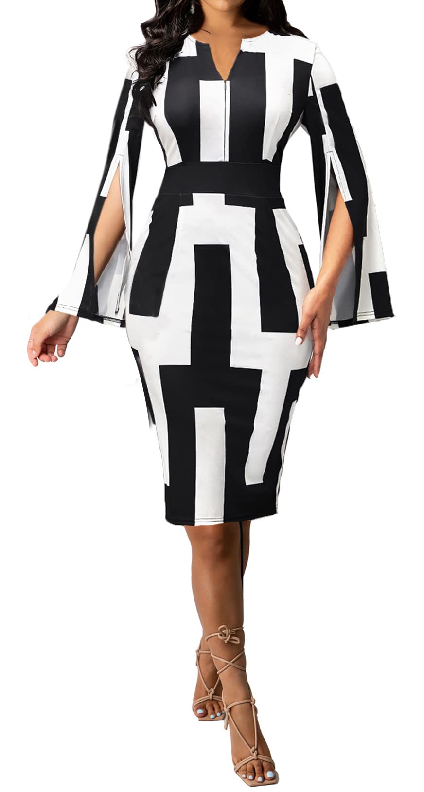 FoveNK Women's Elegant Pencil Dress with Ruffle Sleeves - Business Office Bodycon Dress for Work, Church & Formal Occasions - Zipper Closure & Flattering Fit