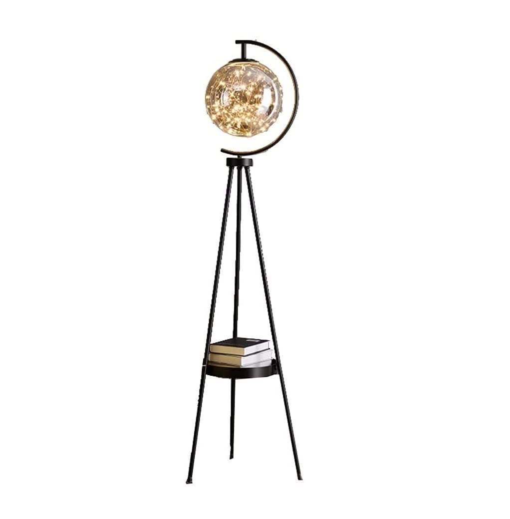 Modern Black Tripod Floor Lamp with Shelves & Glass Lampshade - LED Standing Light for Office, Living Room, Bedroom - Adjustable Brightness & Stylish Home Decor Lighting