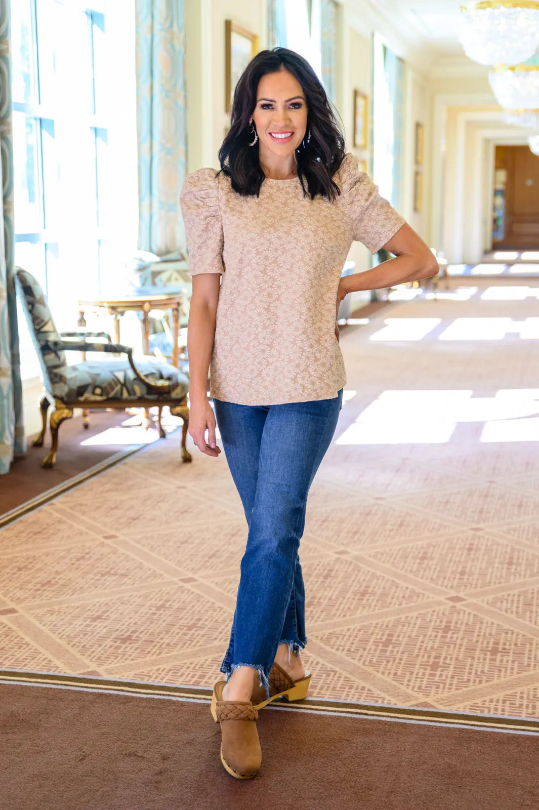 Kelsi Jacquard Puff Sleeve Blouse in Tan | Elegant Women's Fashion Top for Work, Date Night & Special Occasions