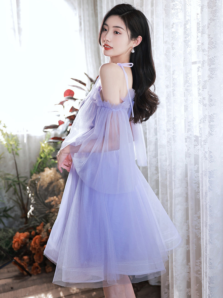 Elegant A-Line Purple V-Neck Tulle Short Prom Dress for Homecoming, Party, and Special Occasions | Flattering Fit & Stunning Design