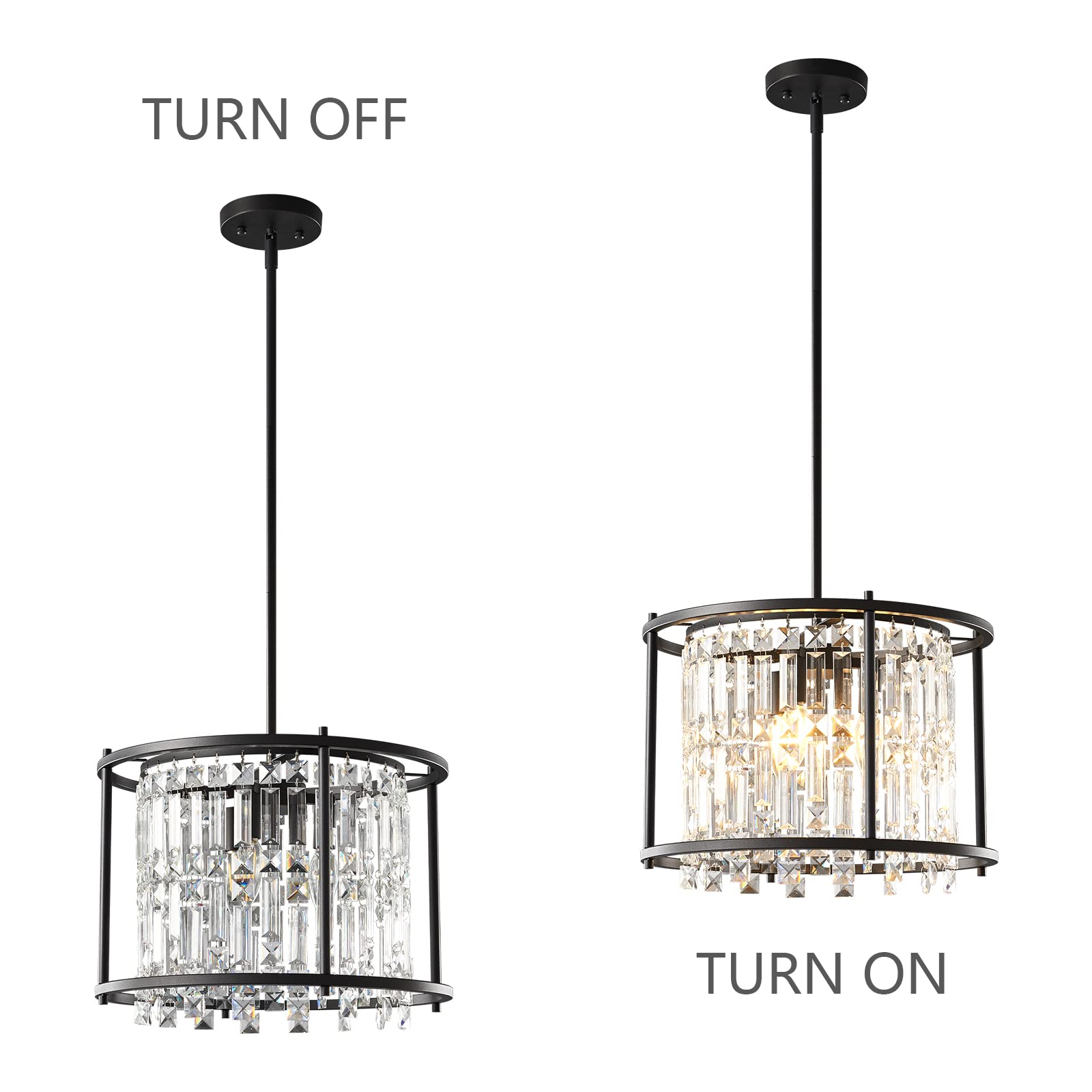 LMQNINE 3-Light Round Industrial Chandelier - 15.74 Inch Black Crystal Pendant Light Fixture for Kitchen Island, Dining Room, Living Room & Entryway | Modern Farmhouse Lighting for Home Decor & Restaurant Ambiance