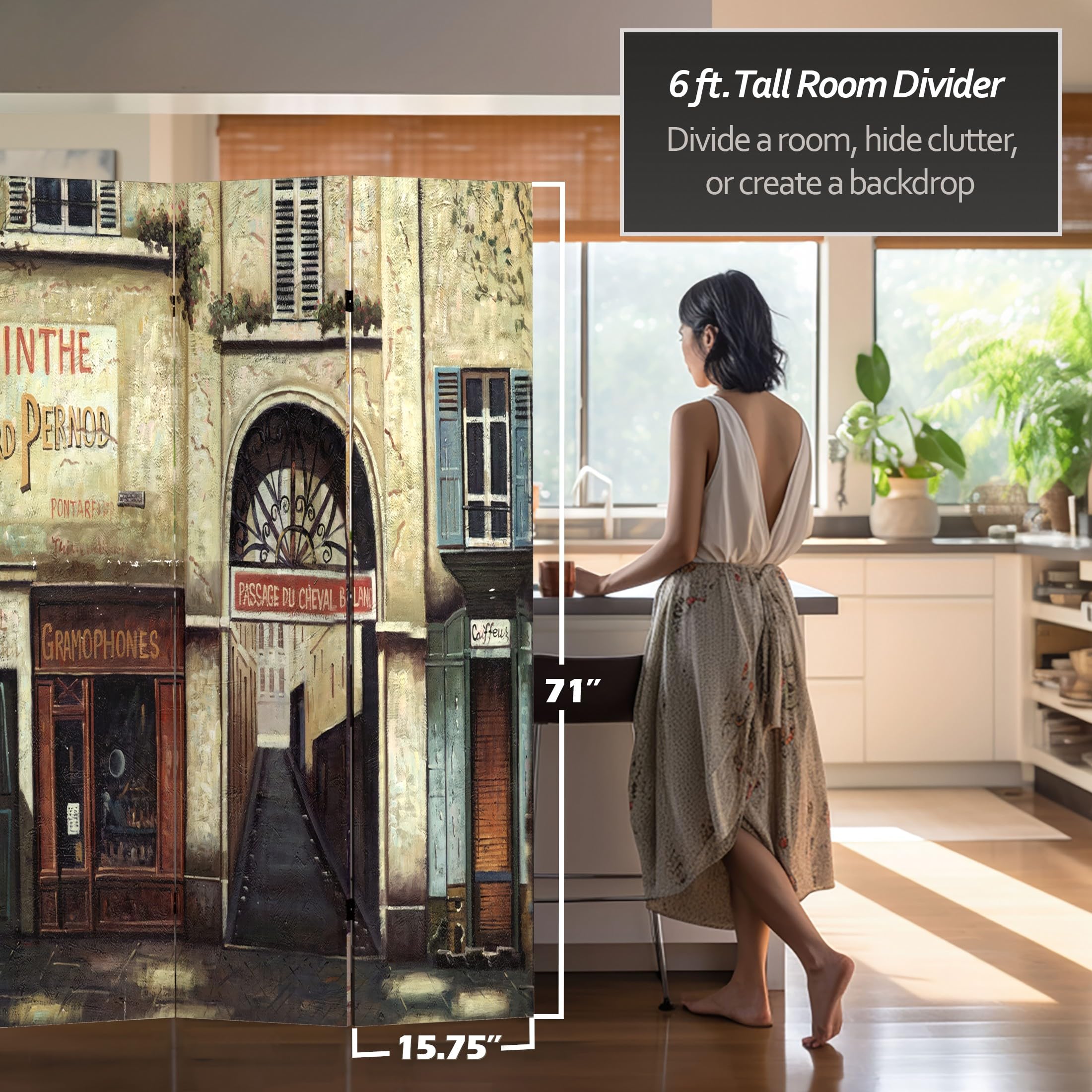 6 ft. Tall Red Lantern Double-Sided French Cafe Canvas Room Divider - 4 Panel Folding Privacy Screen for Home, Office & Wedding Decor