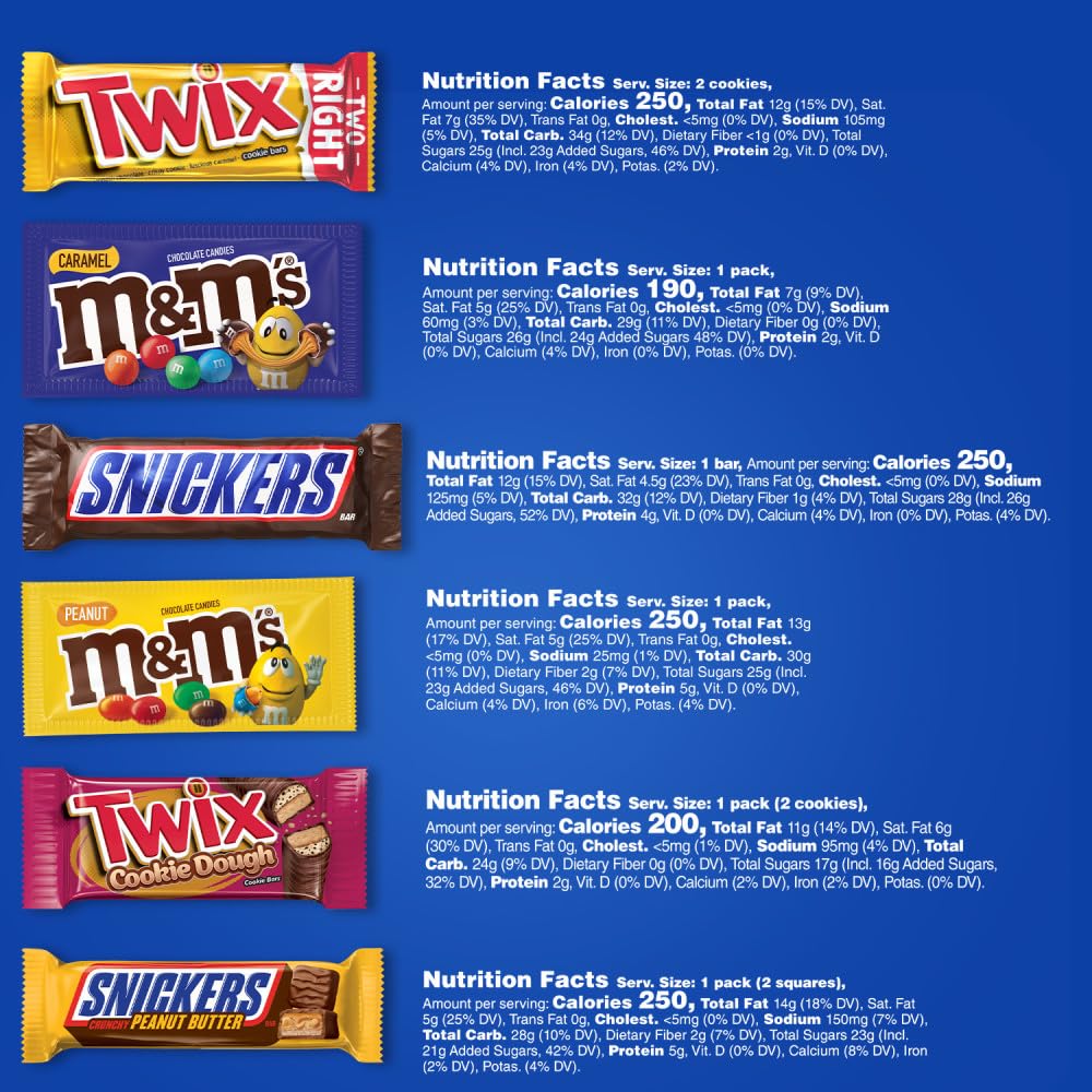 M&M'S Peanut, M&M'S Caramel, SNICKERS Original, SNICKERS Peanut Butter, TWIX Original & TWIX Cookie Dough Chocolate Candy Variety Pack - 18 Individually Wrapped Full Size Candy Bars for Halloween, Parties & Office Snacks