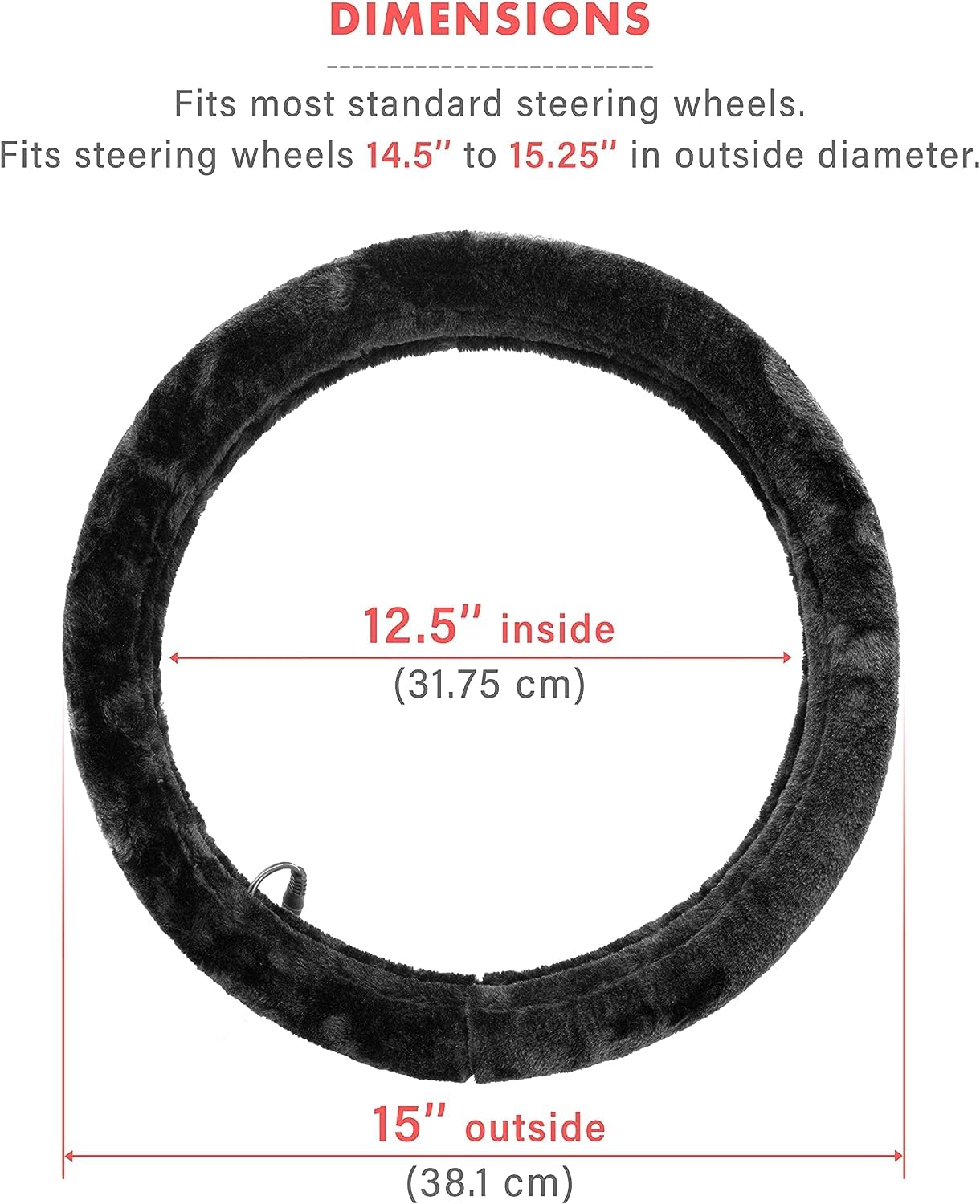 VaygWay Heated Steering Wheel Cover - 12V Classic Black Breathable Soft Plush Warmer for Cars - 15