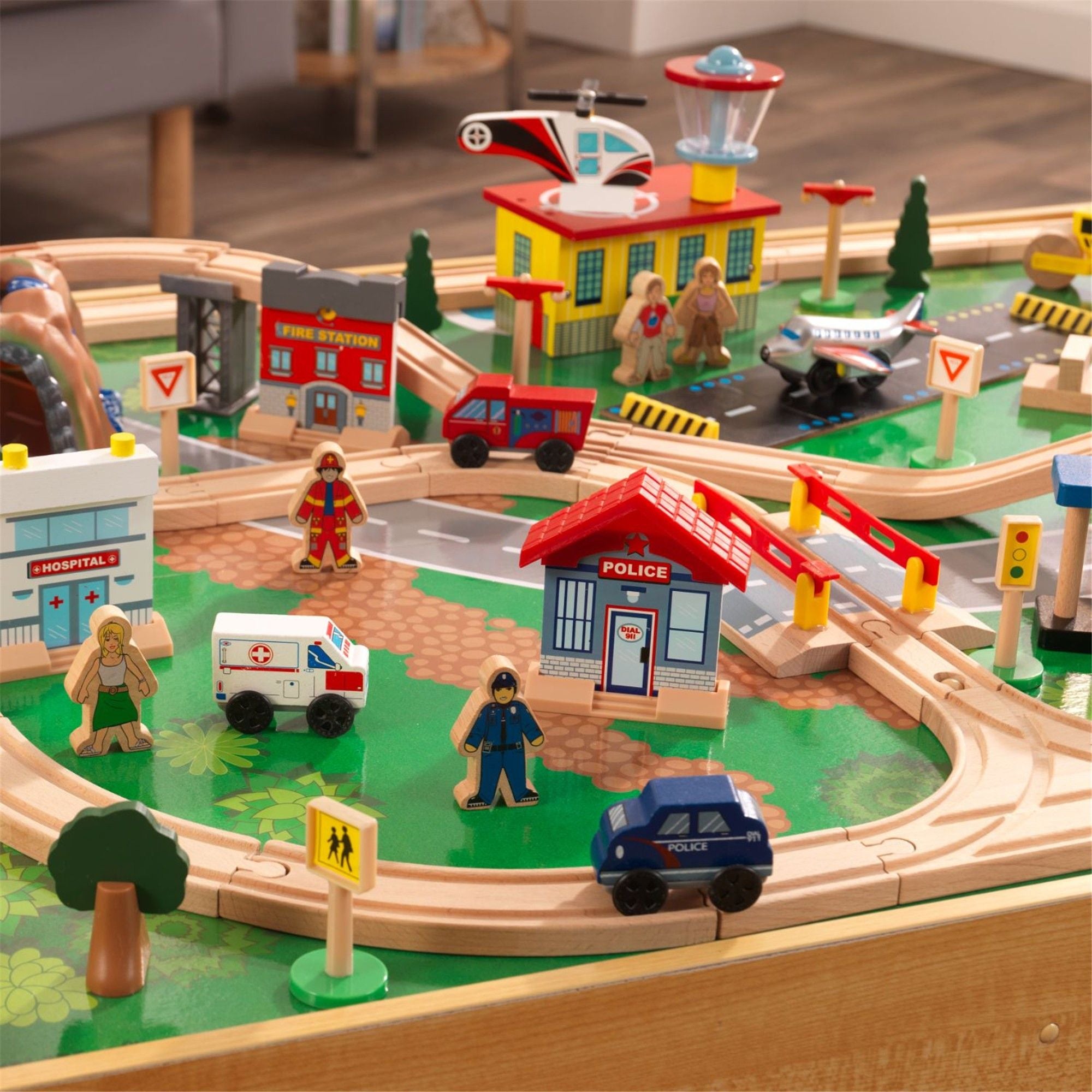 KidKraft Adventure Town Wooden Railway Train Set & Play Table - Interactive Toy for Kids, 100+ Pieces with Tracks, Trains & Accessories - Perfect for Imaginative Play & Learning (3+ Years) - Great for Playrooms, Daycares & Birthday Gifts