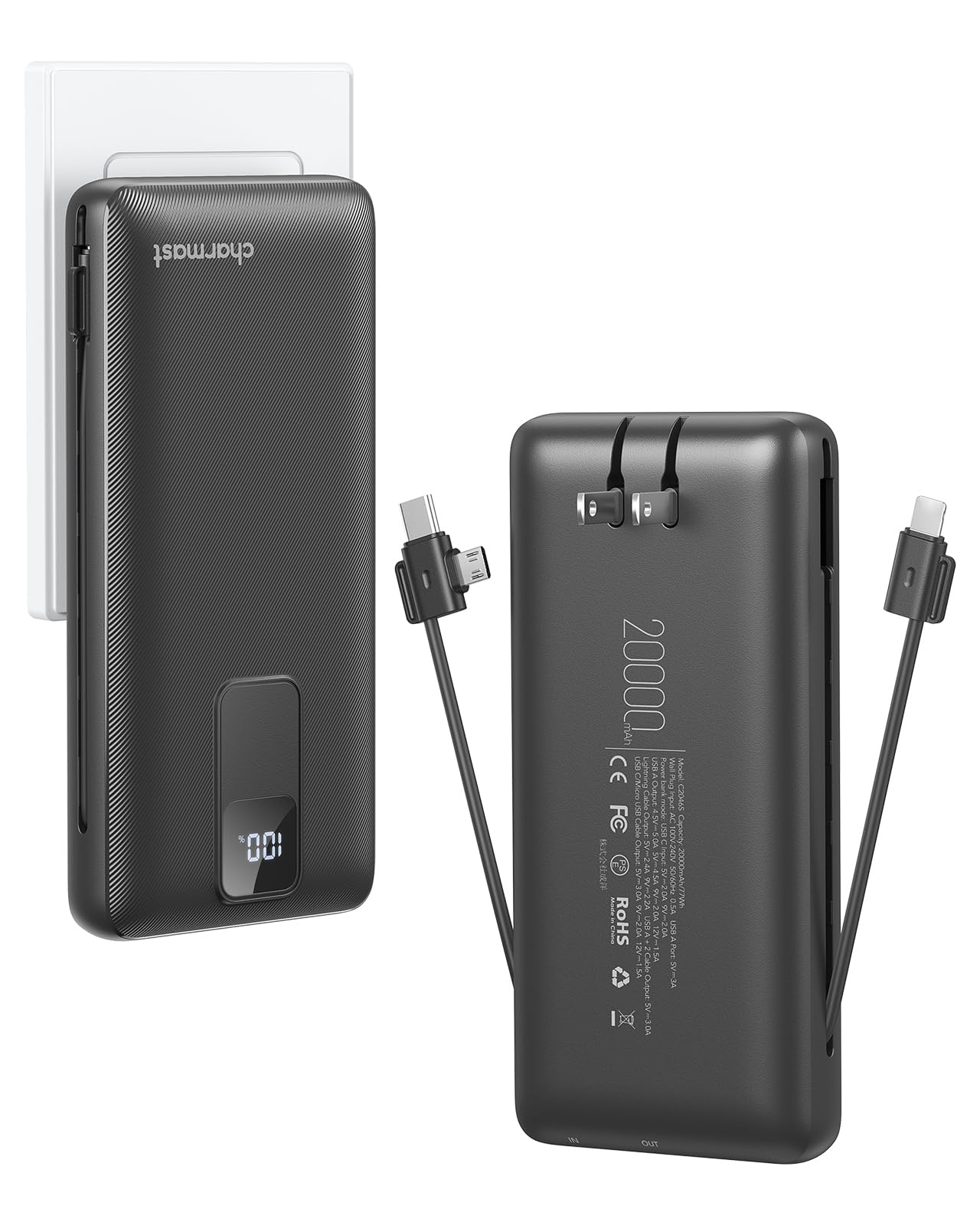 Charmast 20000mAh Portable Charger with Built-in Cables & Wall Plug - 20W Fast Charging Power Bank for iPhone 16/15/14/13, Samsung Galaxy, Google Pixel, iPad - Perfect for Travel, Camping, and Emergency Power Backup