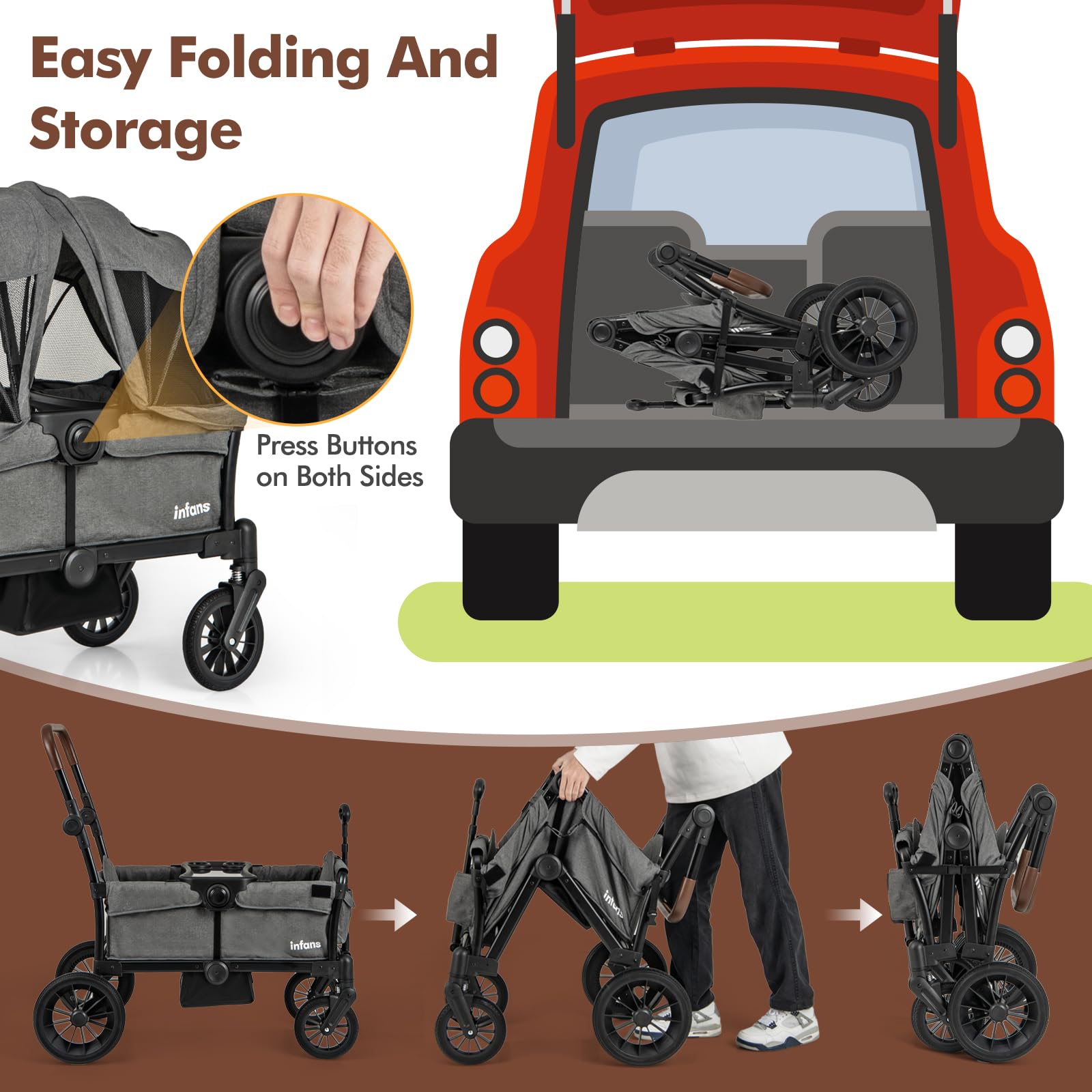 **INFANS 2-in-1 Collapsible Stroller Wagon for Kids – Adjustable Push/Pull Handle, Removable Canopy & Snack Tray, Padded Seats & Drop-Down Footwell – Perfect for Beach, Park, and Family Outings**
