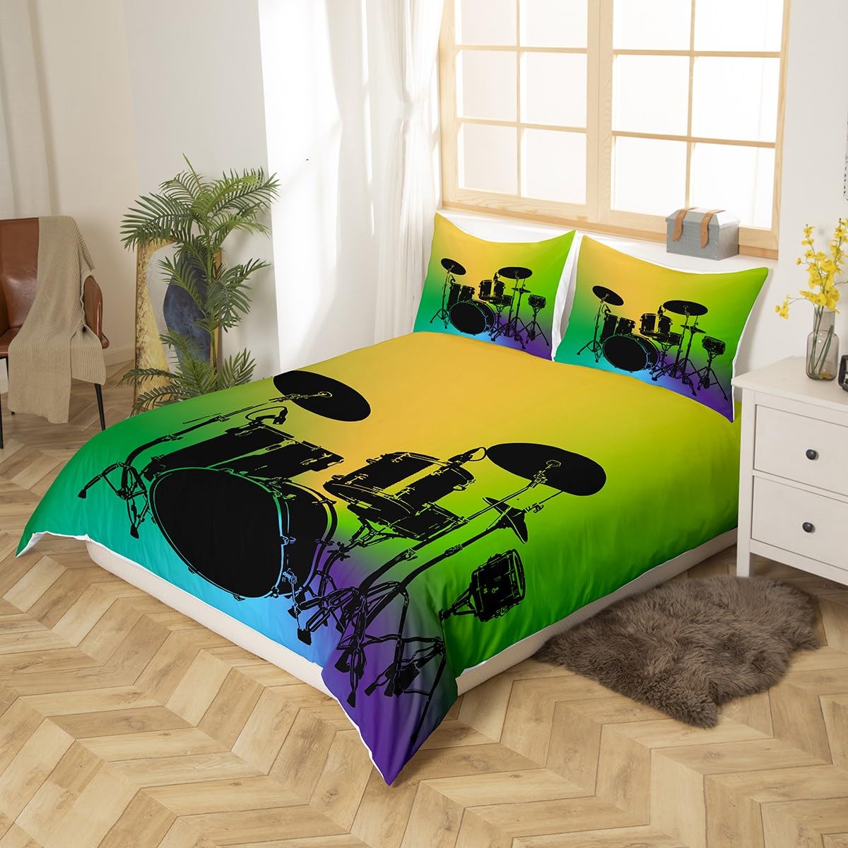 Boys Rock Music Duvet Cover Set - Soft Microfiber Drum Kit Bedding for Kids & Teens (Twin Size) with Zipper Closure & Pillowcase - Perfect for Rock Music Lovers' Bedroom Decor | Great Gift for Birthday & Christmas