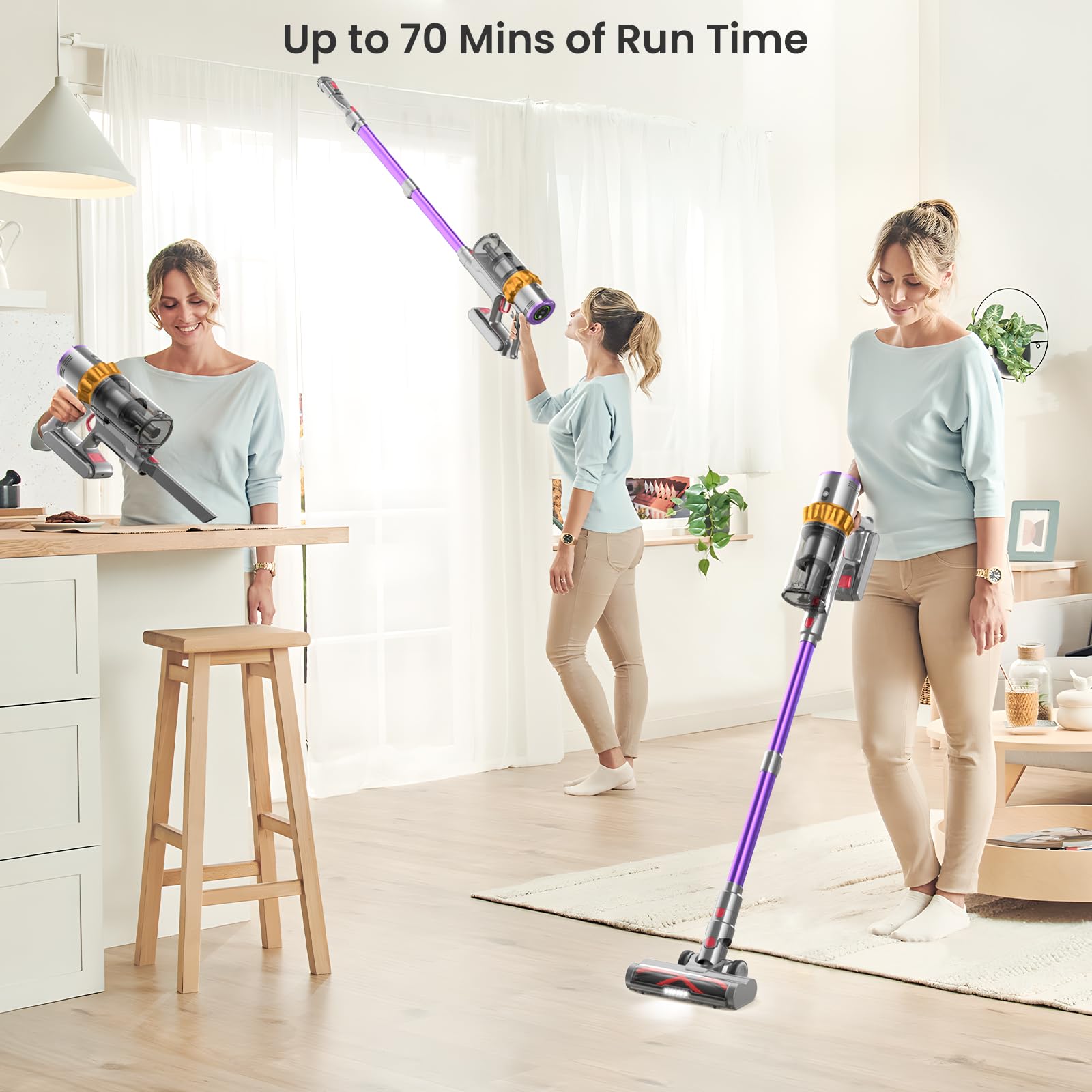 Powerful Cordless Vacuum Cleaner - 550W/45Kpa Suction, 70 Min Runtime, LED Display, Wall Mount Charging, 1.6L Dust Cup, Anti-Tangle Technology - Rechargeable Stick Vacuum for Pet Hair, Carpet & Hard Floors - Perfect for Home Cleaning & Pet Owners
