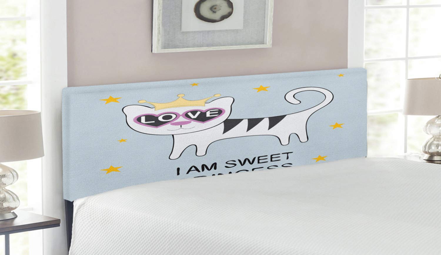 Ambesonne Cartoon Cat Headboard with Heart-Shaped Glasses - Upholstered Decorative Metal Bed Frame with Memory Foam - Queen Size Multicolor - Perfect for Kids' Rooms & Whimsical Bedroom Decor