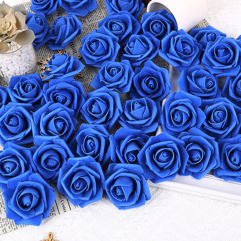 100pcs Royal Blue Artificial Rose Flower Heads - Bulk Foam Fake Flowers for DIY Wedding Bouquets, Bridal Shower Centerpieces, Rose Wall Decor, Kissing Balls & Table Arrangements - Perfect for Wedding, Home & Party Decorations (Royal Blue)
