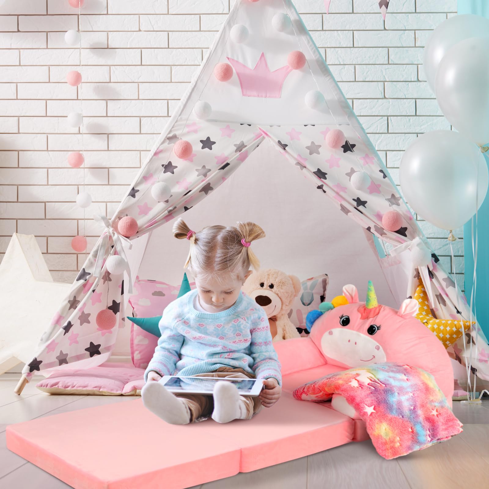 **Unicorn Toddler Chair 2-in-1 Convertible Sofa to Lounger - Foldable Kids Couch with Soft Velvet Blanket, Comfy Pink Toddler Furniture for Playroom & Nursery**