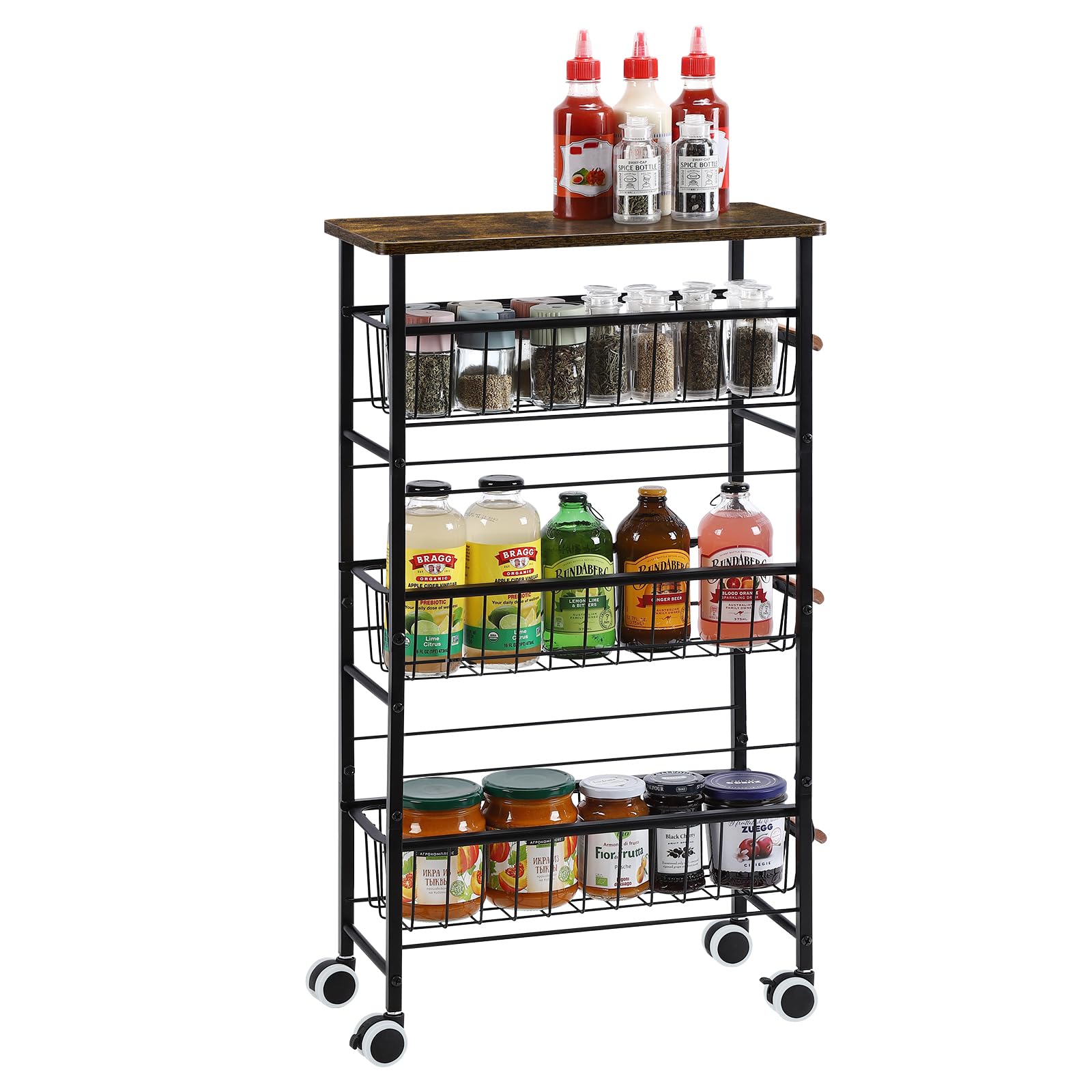 4-Tier Slim Rolling Storage Cart with Slide-Out Wire Baskets & Wooden Top - Narrow Kitchen Utility Cart with Wheels for Bathroom, Laundry, Kitchen - Perfect for Small Spaces, Apartments & Dorm Rooms