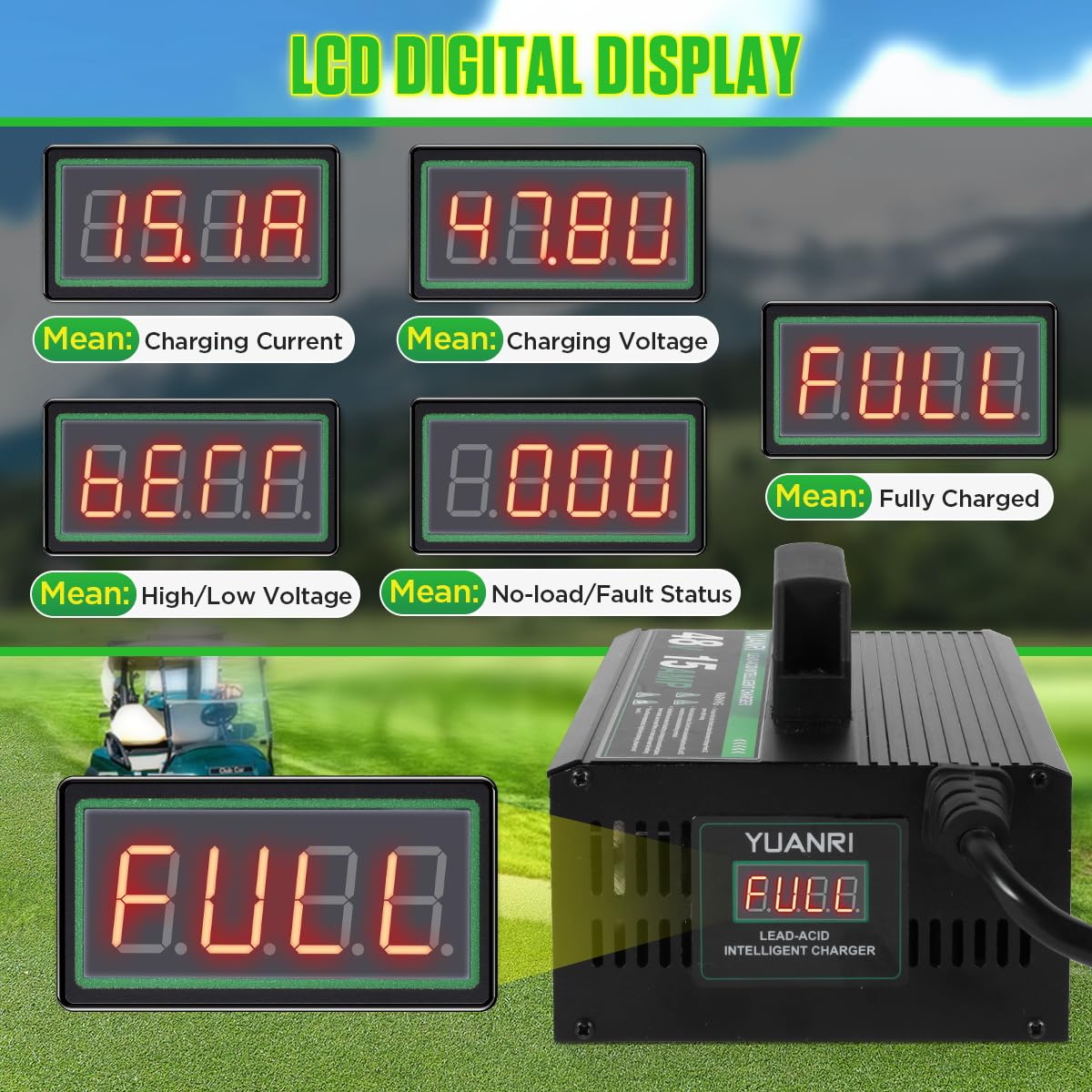 48V Golf Cart Battery Charger for Club Car - 15 AMP 48 Volt Charger with 16 FT Cord & Trickle Charge - Compatible with 48V Lead Acid Batteries - Perfect for Golf Courses, Resorts & Home Use