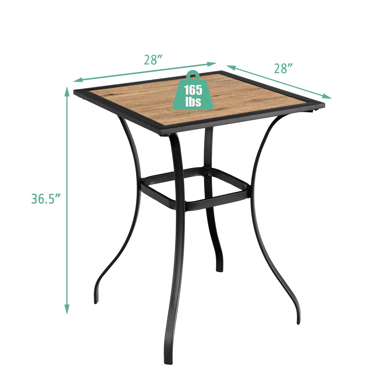 Outdoor Square Bar Table 28x28 Inch - Metal Frame with Wooden-Like Top, Patio Bistro Table for Porch, Garden, Backyard & Poolside - Perfect for Outdoor Dining, Entertaining & Relaxing