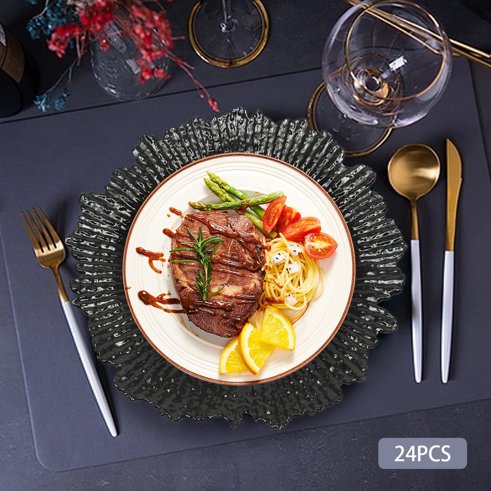 24-Pack 12.6 Inch Gold Plastic Charger Plates - Elegant Round Dinner Plates for Wedding, Party & Table Decor - Premium Gold Reef Chargers - Perfect for Formal Dinners, Buffets & Special Events