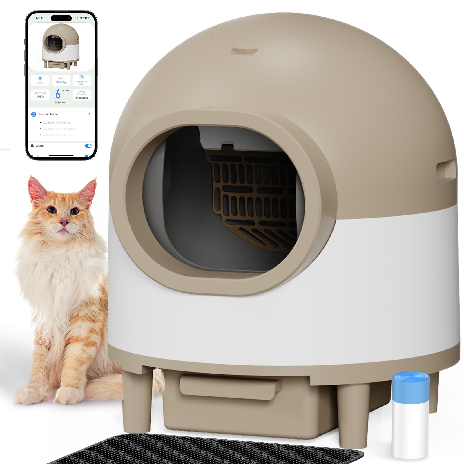 Automatic Self-Cleaning Cat Litter Box with Smart APP Control - Odor-Free & Anti-Pinch Safety for Multiple Cats | Includes Liner, Mat & Brush | Perfect for Busy Pet Owners & Multi-Cat Households