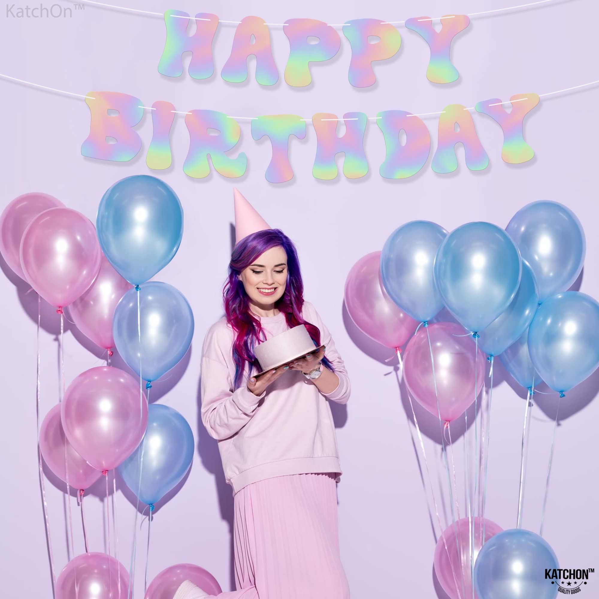 KatchOn 10ft Iridescent Happy Birthday Banner - Prestrung Disco Party Sign, Holographic Birthday Decor for Women | Perfect for Disco Themed Parties, Birthday Celebrations & Home Decorations