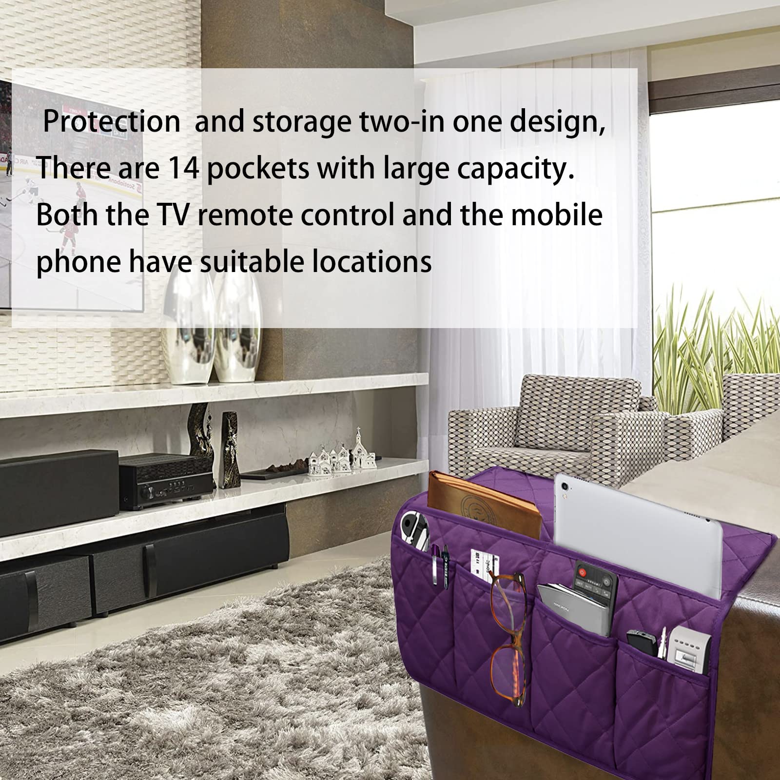 Waterproof Non-Slip Recliner Armrest Organizer with 14 Pockets - Sofa Caddy for TV Remote, Books, Magazines & iPad - Perfect for Living Room, Home Theater & Office Chairs