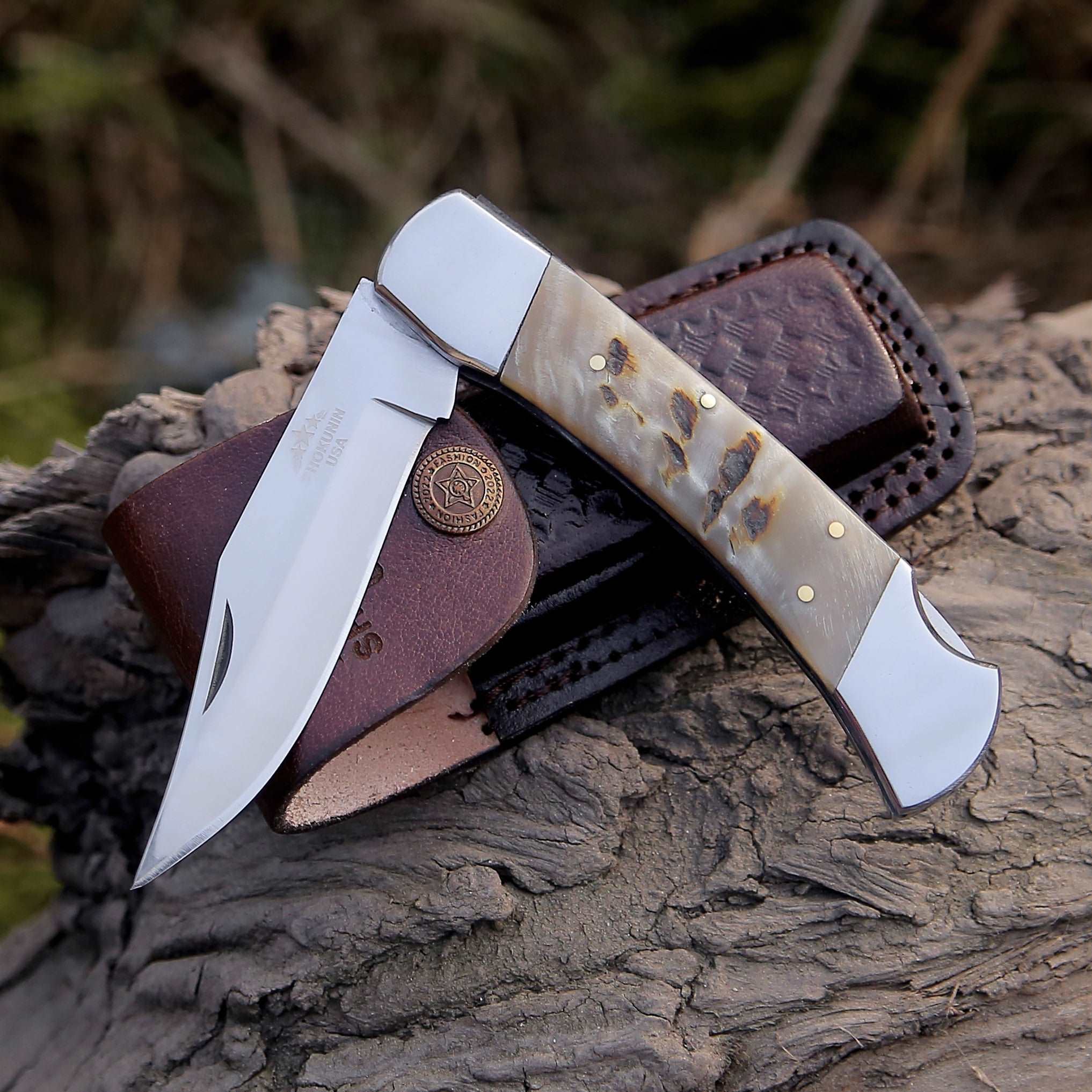 Handmade Custom Pocket Knife with Ram Horn Handle & Leather Sheath - Personalized Engraving for Outdoor, Camping, Hunting & EDC Gifts