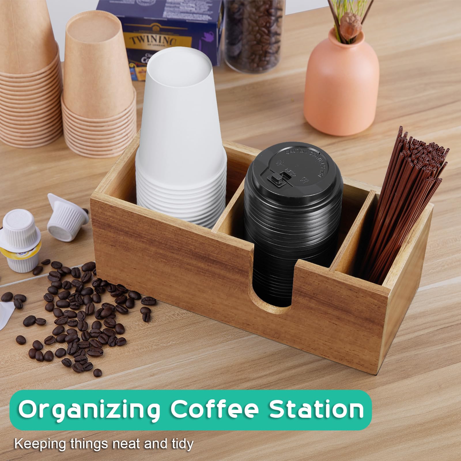 ALELION Acacia Wood Cup Holder for Countertop - Coffee Bar Organizer with Storage for Lids, Stirrers & Pods - Perfect for Kitchen Counter, Coffee Station & Office Desk Organization