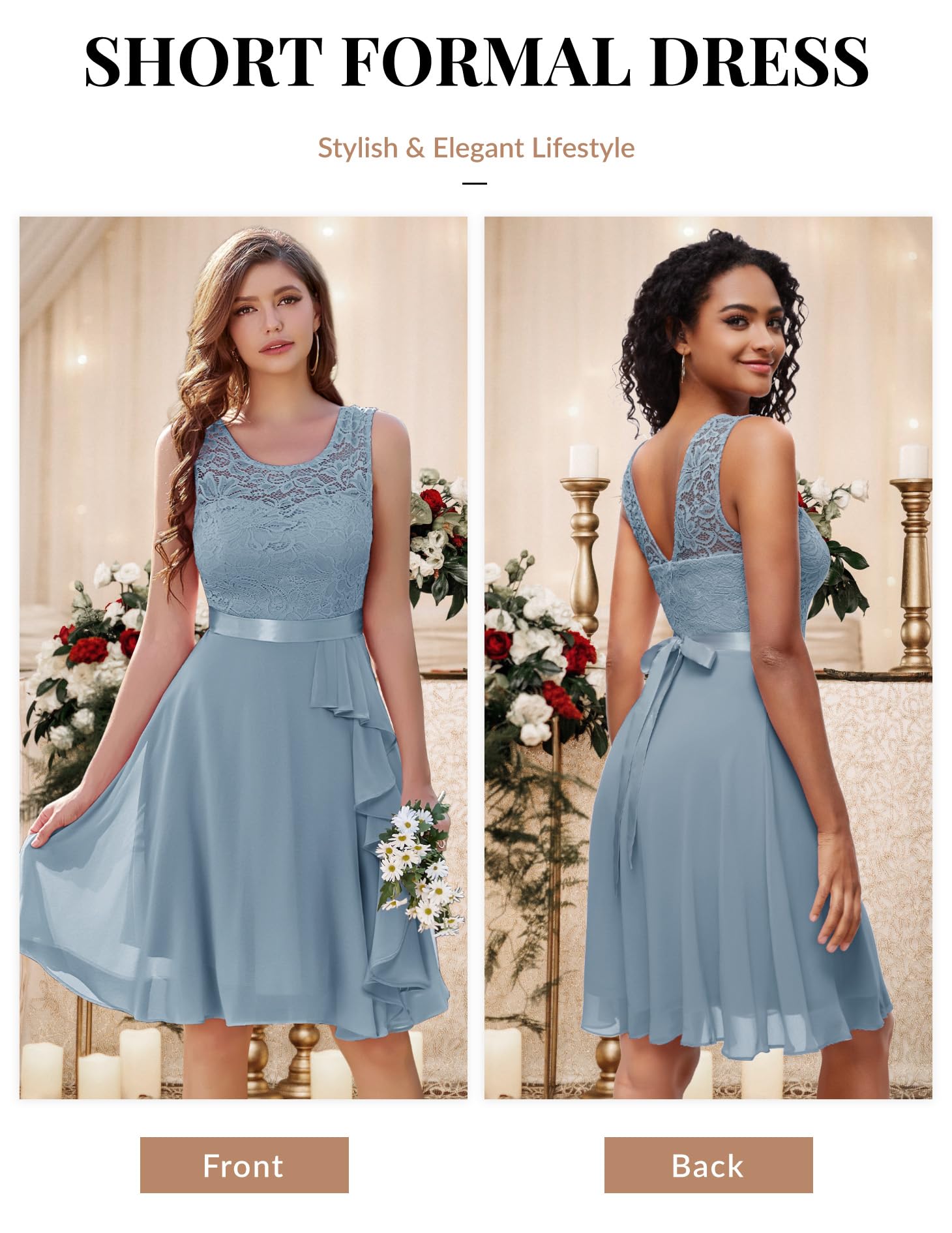 BeryLove Women's Cocktail Dress for Prom, Wedding Guest & Bridesmaid - Elegant Short Ruffle Hem Sleeveless Lace Formal Dress | Perfect for Parties, Evening Events & Special Occasions