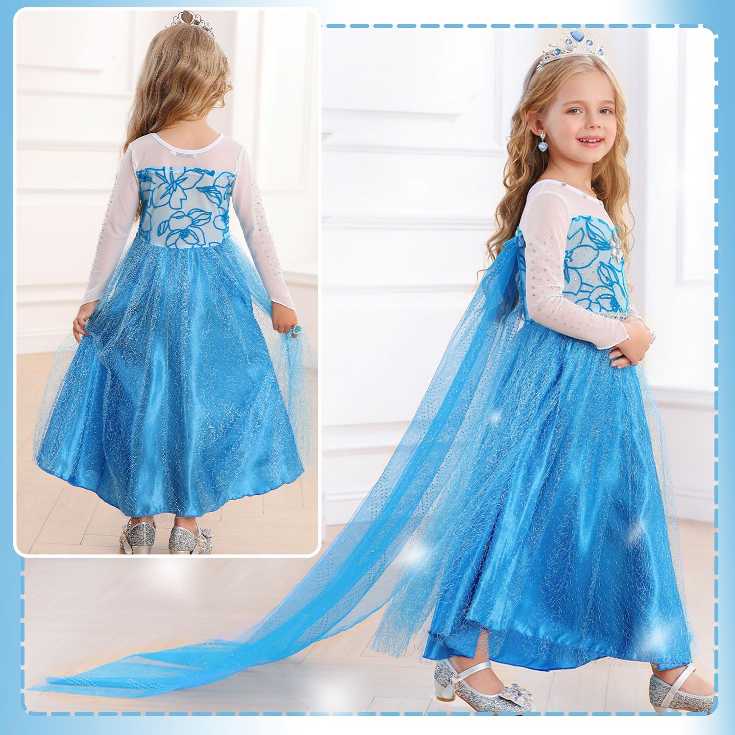 Elsa Costume for Toddler Girls - Frozen Snow Princess Dress Blue Halloween Party Outfit with Wig | Disney Cosplay, Birthday Dress Up, Christmas Gift for Kids