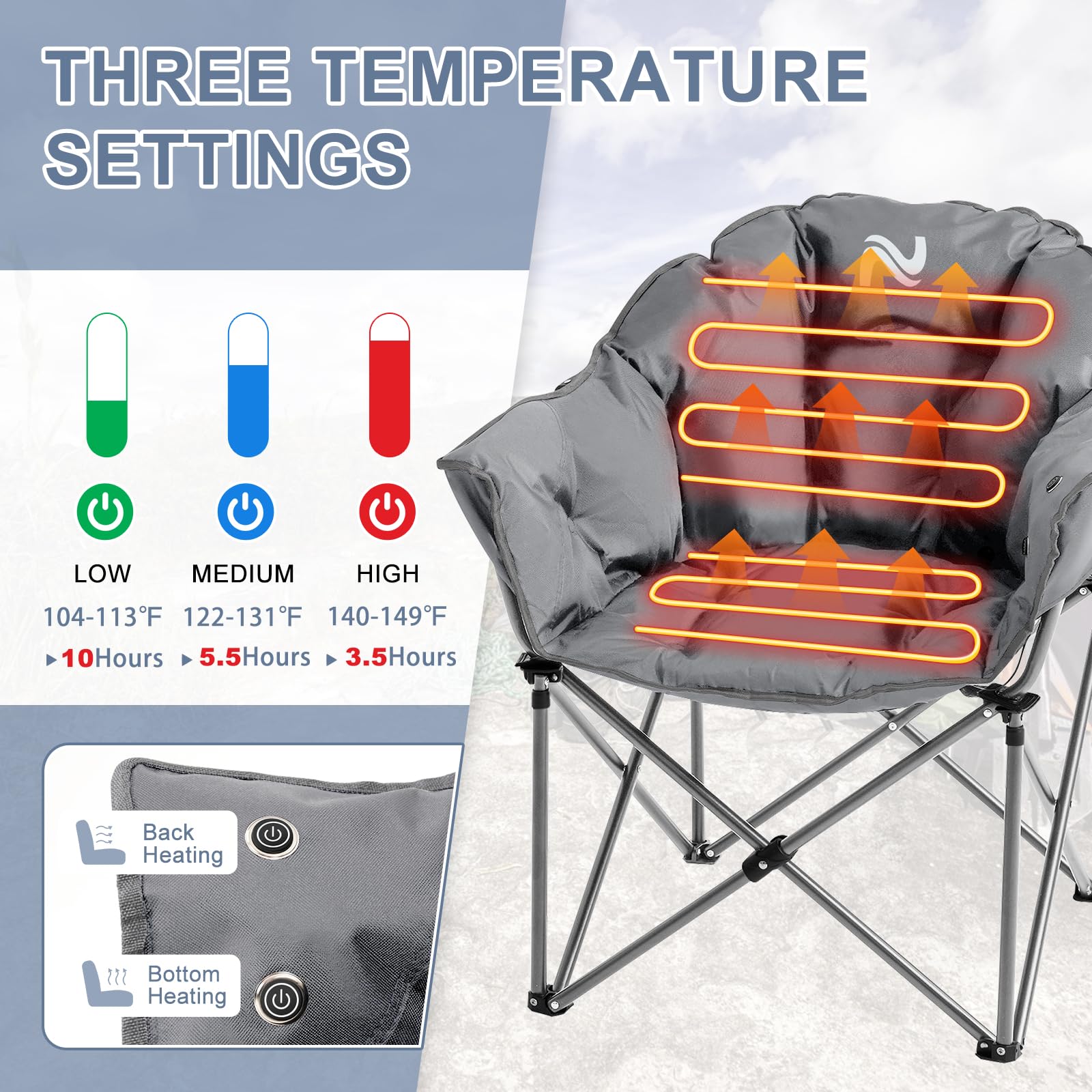 Slsy Oversized Heated Camping Chair - 500 lbs Weight Capacity, Portable Folding Heated Seat for Outdoor Sports, Camping, Picnics & Patio Use - Perfect for Cold Weather Adventures, Backyard Relaxation & Tailgating Parties