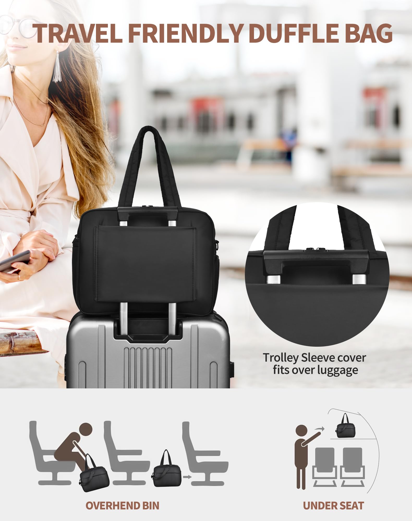 Lightweight Puffer Weekender Bag for Women - Travel & Gym Duffle with Shoe Compartment