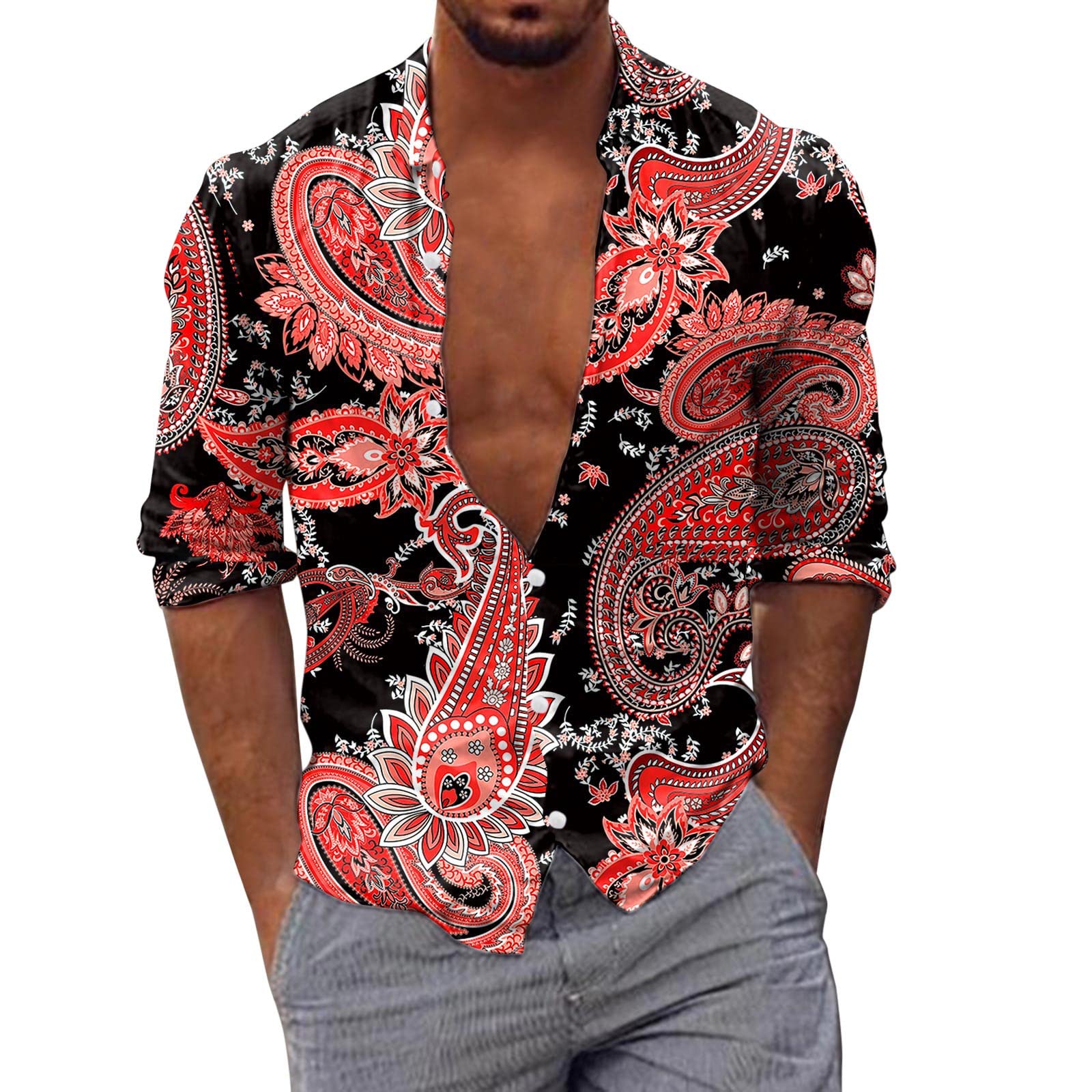 Vickyleb Men's Long Sleeve Casual Printed Shirt - Fall Winter Fashion Top Blouse for Work, Dating & Outdoor Activities