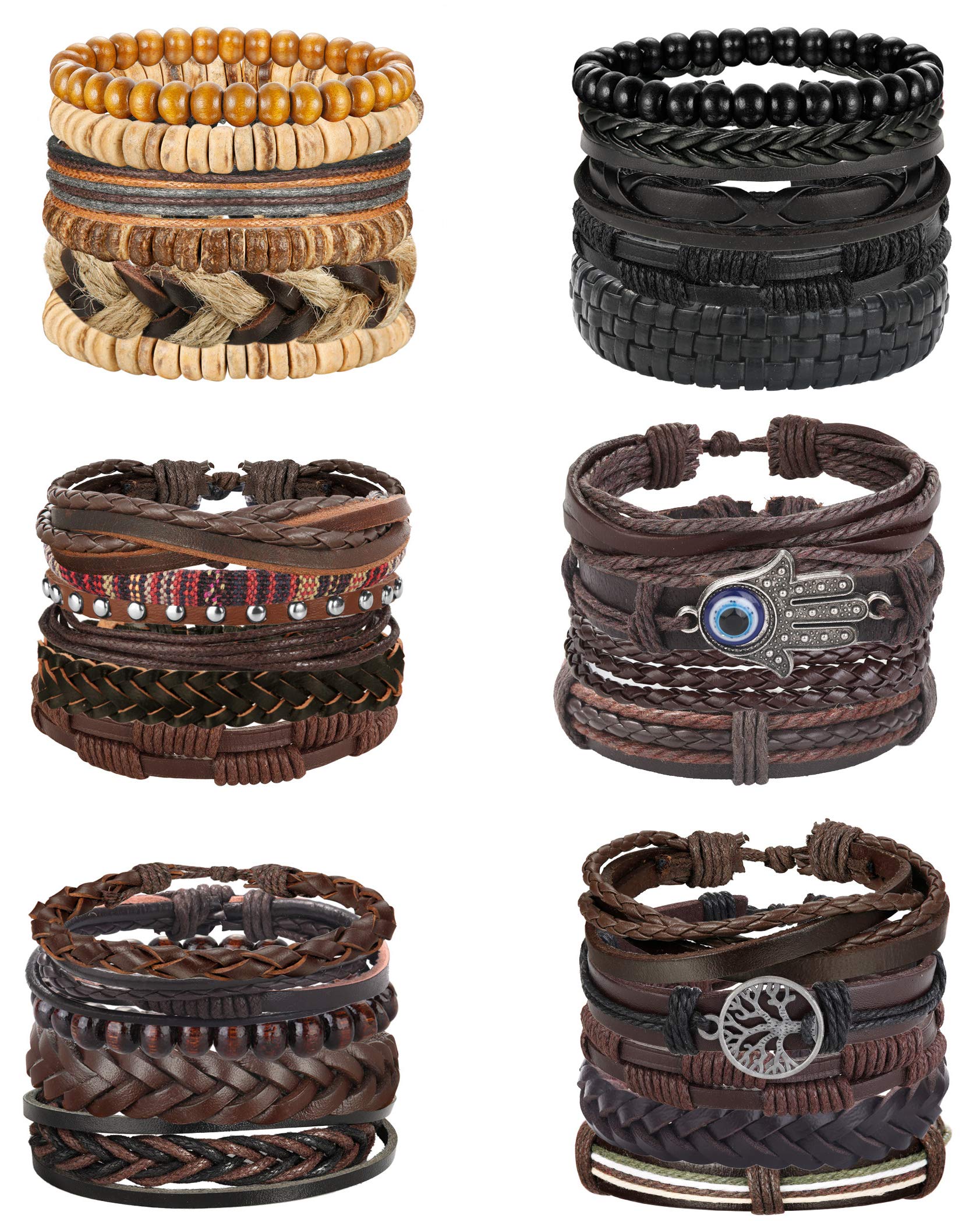 Florideco 30PCS Braided Leather Bracelets for Men & Women - Adjustable Wrap Wood Beads Bracelet Set, Woven Ethnic Tribal Rope Wristbands - Perfect for Casual Wear, Festivals, and Boho Style Outfits