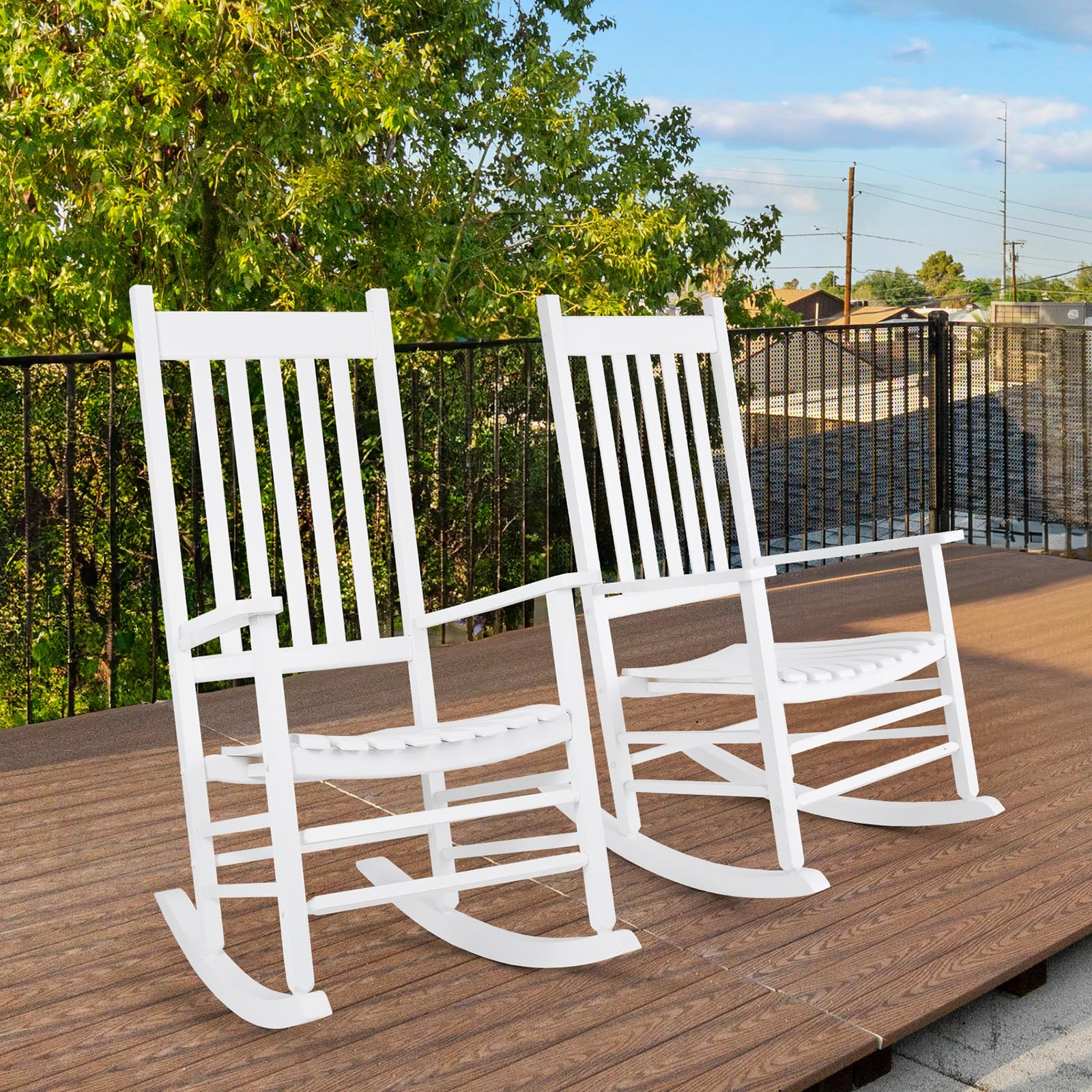 Premium White Wooden Rocking Chair - High Back Oversized Indoor/Outdoor Rocker for Garden, Lawn, Balcony, Backyard & Porch - Easy Assembly Comfort Chair for Relaxing, Reading & Enjoying Nature