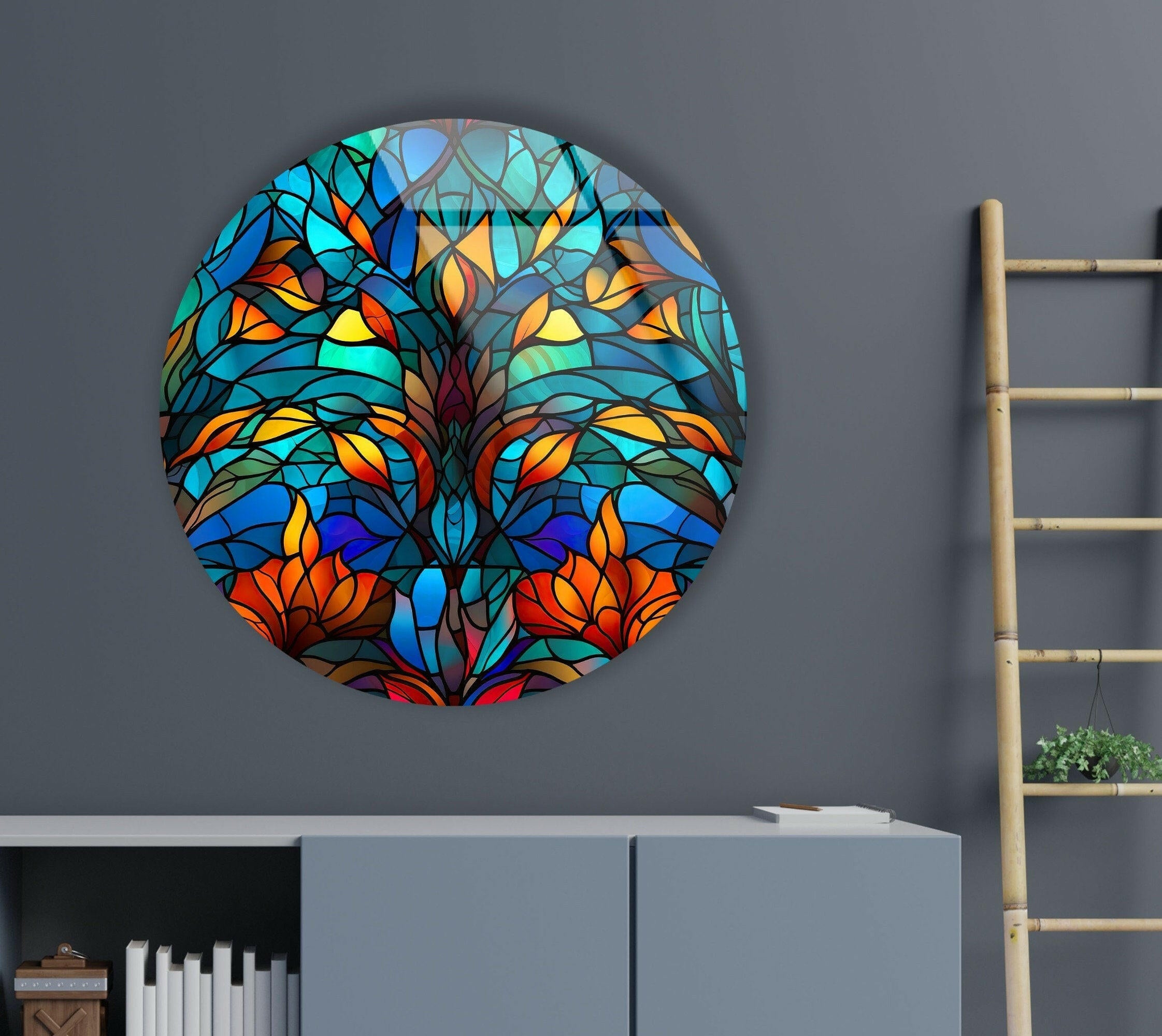 Blue Stained Glass Round Tree Wall Art - Handmade Home Decor for Living Room, Bedroom & Office