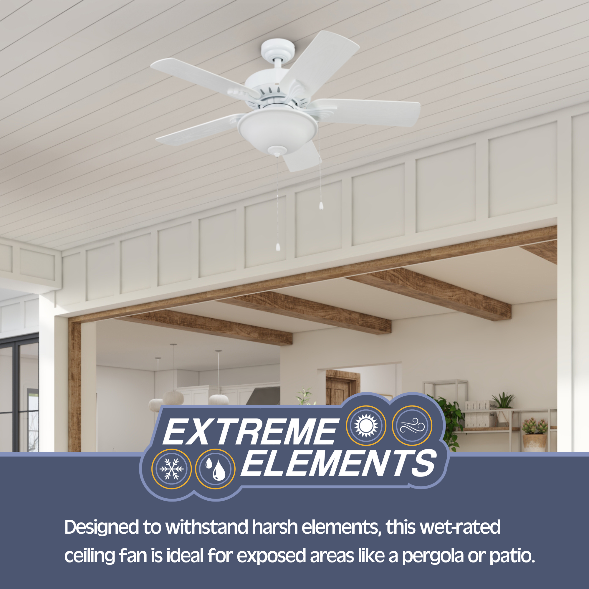 42 Inch Viretta White Ceiling Fan with Pull Chain - Indoor/Outdoor Use for Living Room, Bedroom, Patio & Porch