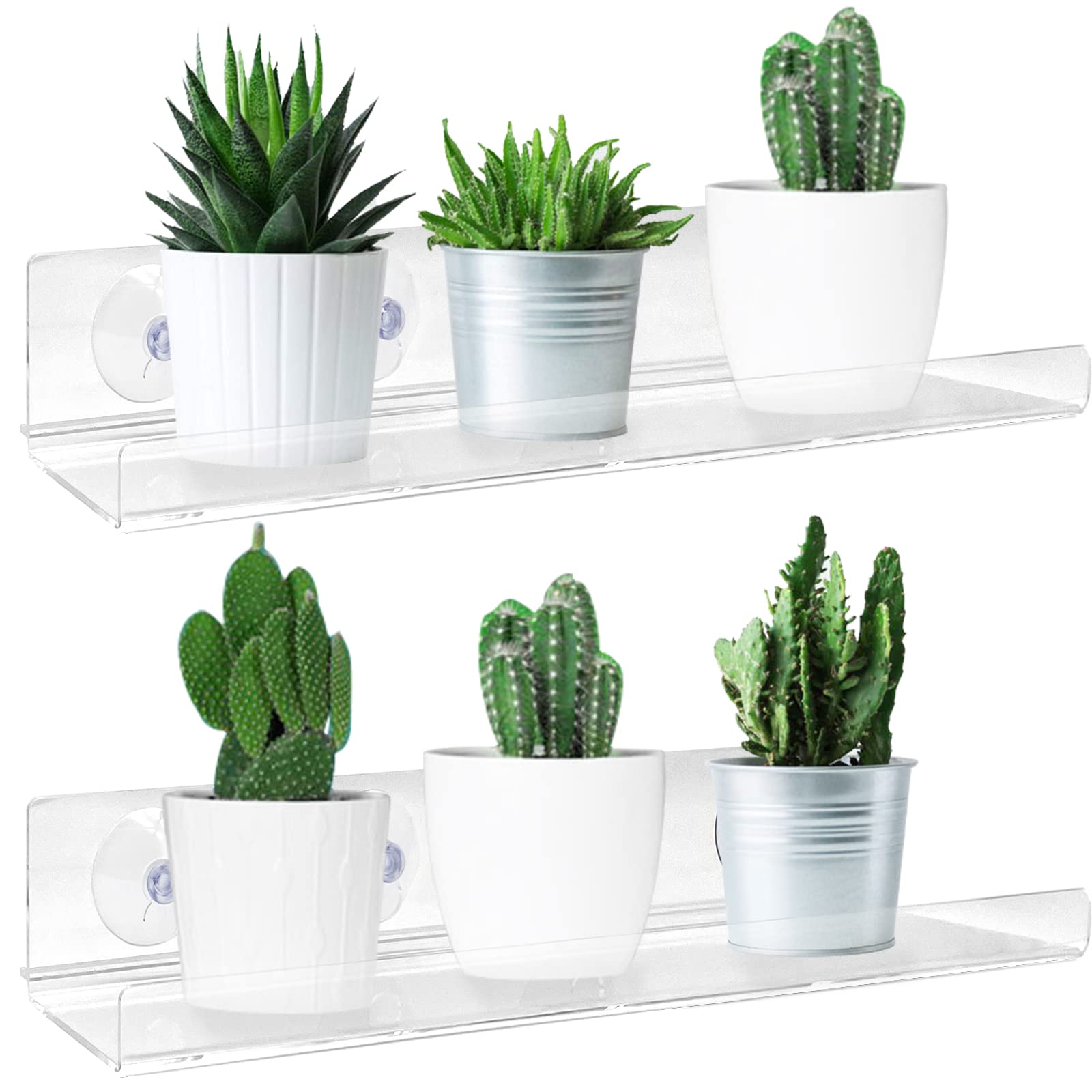 2 Pack Clear Acrylic Suction Cup Window Shelf - 16 Inch Indoor Plant Ledge for Herbs, Seed Starters & Microgreens | Space-Saving Garden Sill Extender for Kitchen Windows, Balconies & Small Apartments