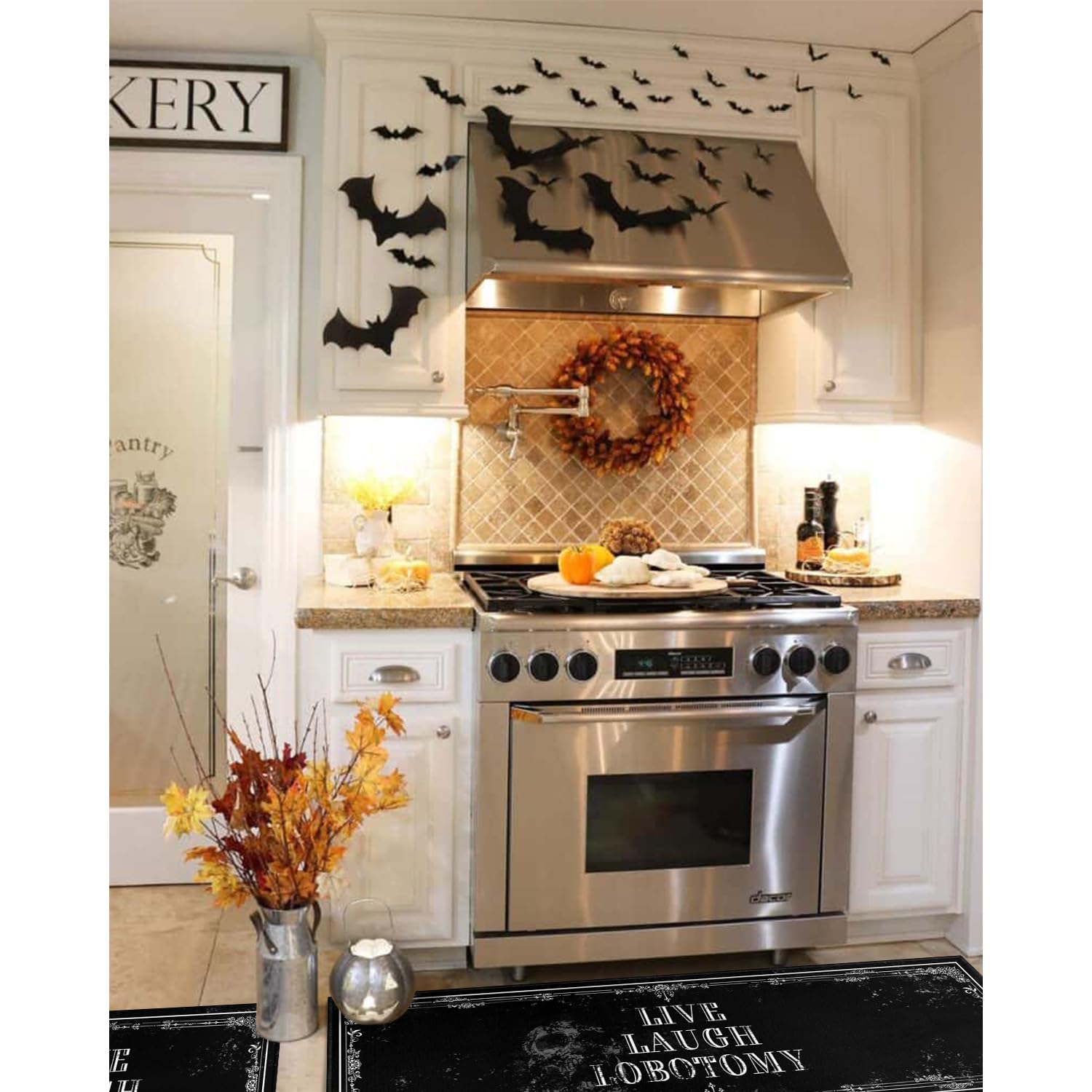 Goth Kitchen Mat Set of 2 - Non-Slip Halloween Kitchen Rugs with Skull & Witch Design - Black Gothic Decor for Home - Perfect for Halloween Parties, Spooky Kitchen Decor & Gothic Home Accessories