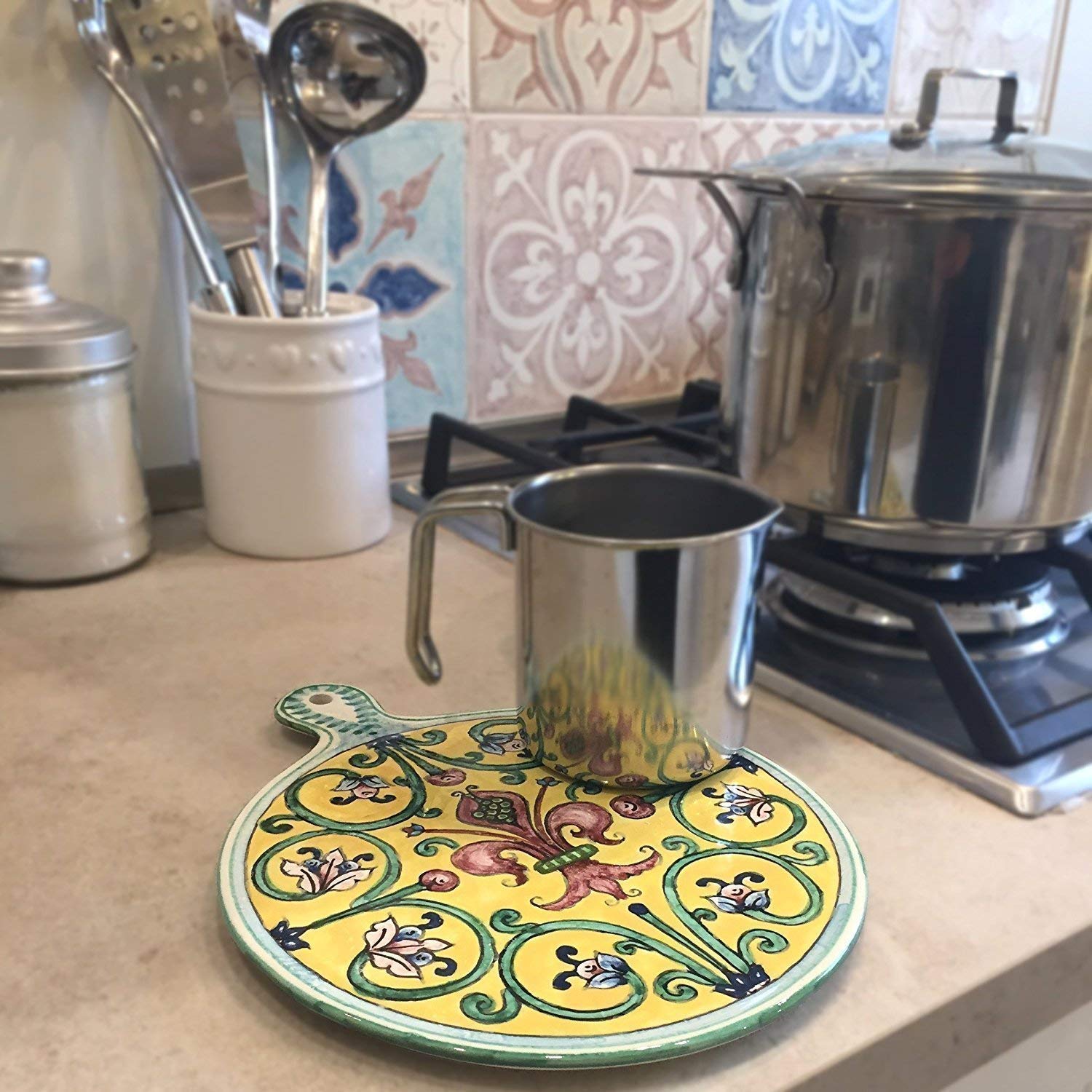 Hand-Painted Italian Ceramic Trivet - Tuscan Lily Design Kitchen Tile for Hot Pots & Pans | Italian Pottery Decor | Made in Italy | Perfect for Dining Table, Countertop & Gift Giving