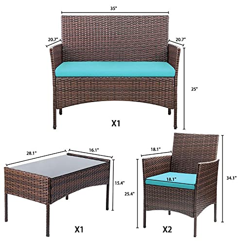 4-Piece Outdoor Patio Furniture Set - Rattan Wicker Conversation Set with Glass Coffee Table for Patio, Porch, Garden or Deck - Perfect for Relaxing, Entertaining and Outdoor Gatherings