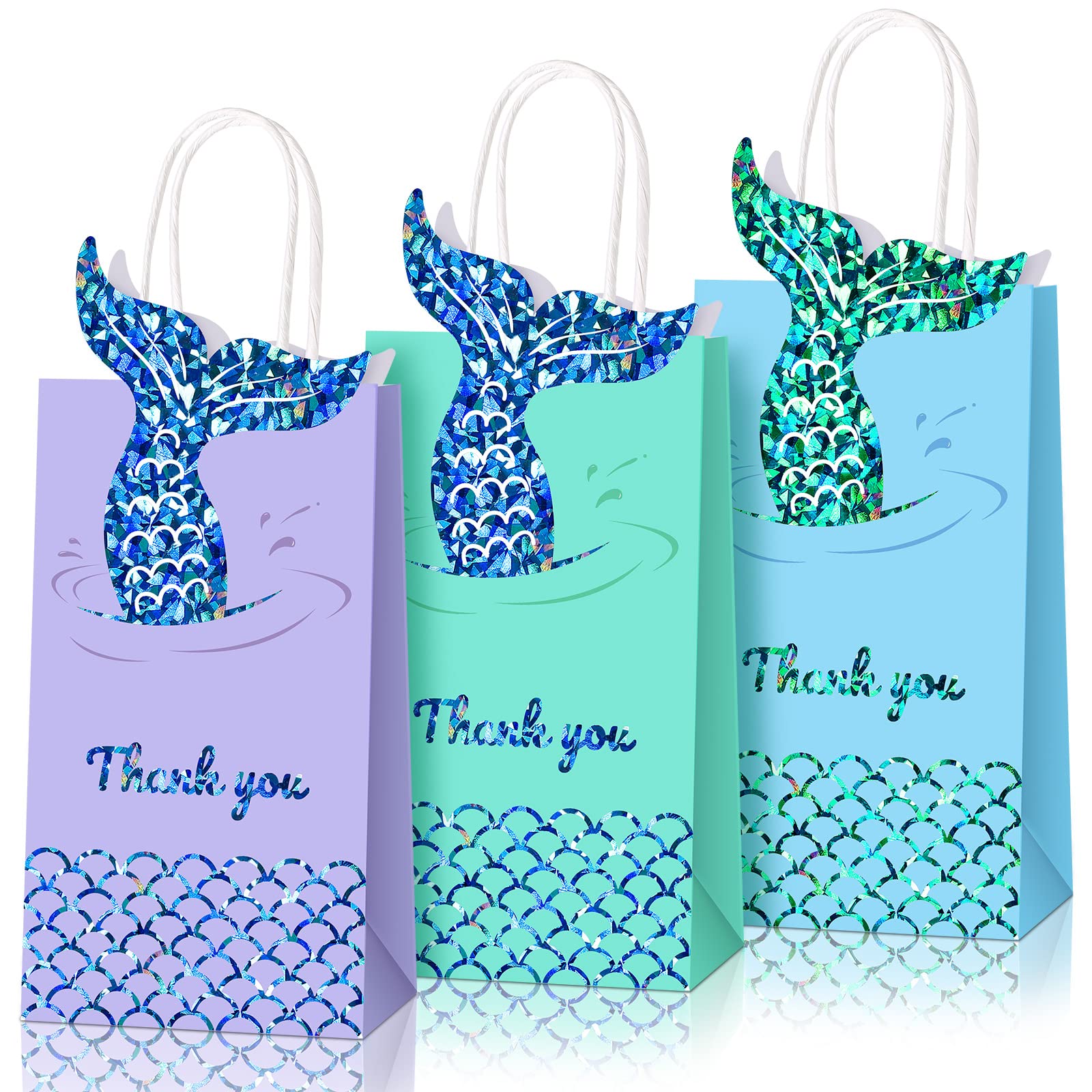 Sabary 18 Pcs Mermaid Party Favor Bags - Paper Gift Goodie Treat Candy Bags with Handles for Girls Birthday, Baby Shower & Mermaid Themed Events - Perfect for Party Decorations, Favors and Sweet Treats