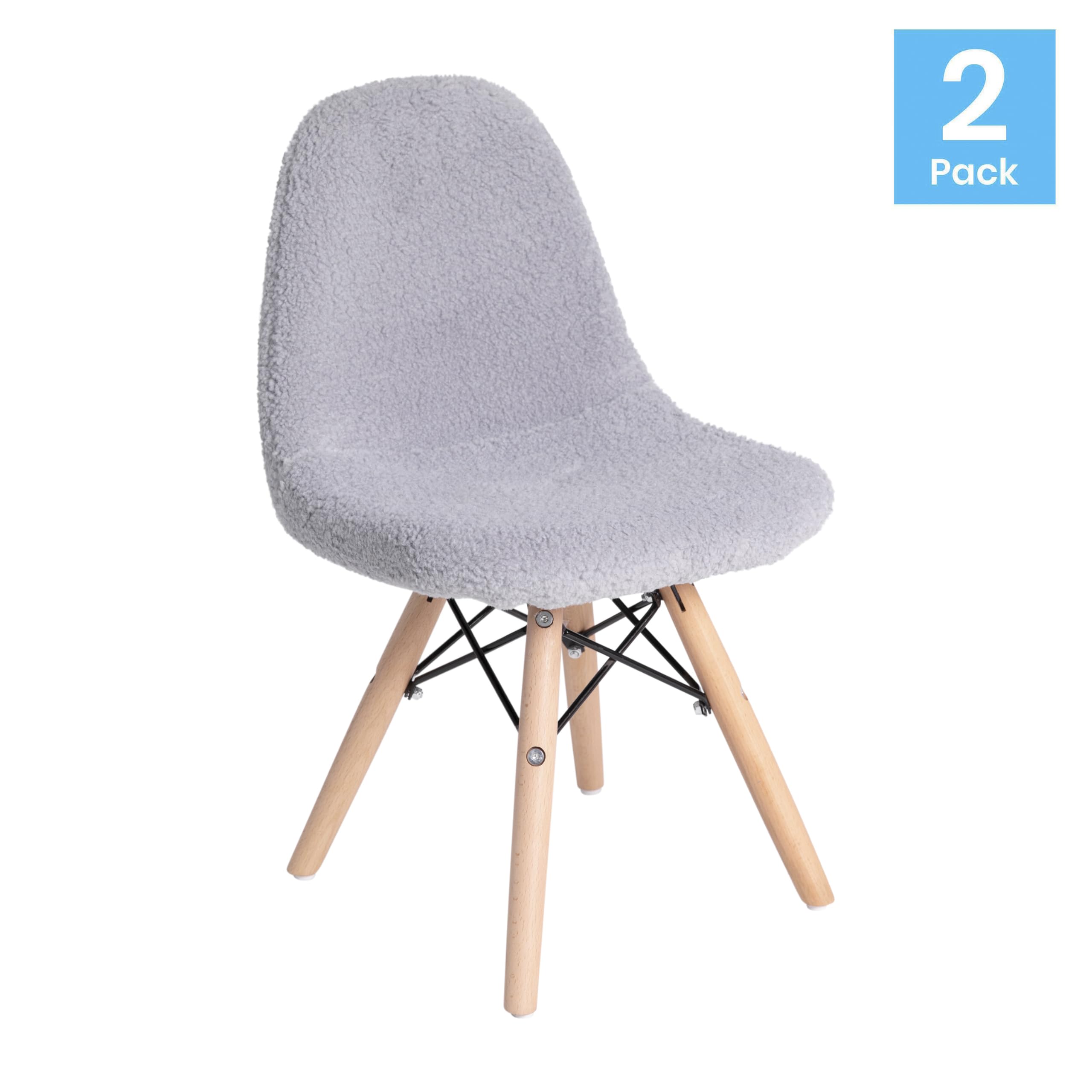 EMMA + OLIVER Set of 2 Kids Accent Chairs with Gray Faux Shearling Seat & Solid Wood Base - Easy 10-Minute Assembly - Perfect for Bedroom, Playroom or Reading Nook - Beechwood Legs Children's Side Chairs