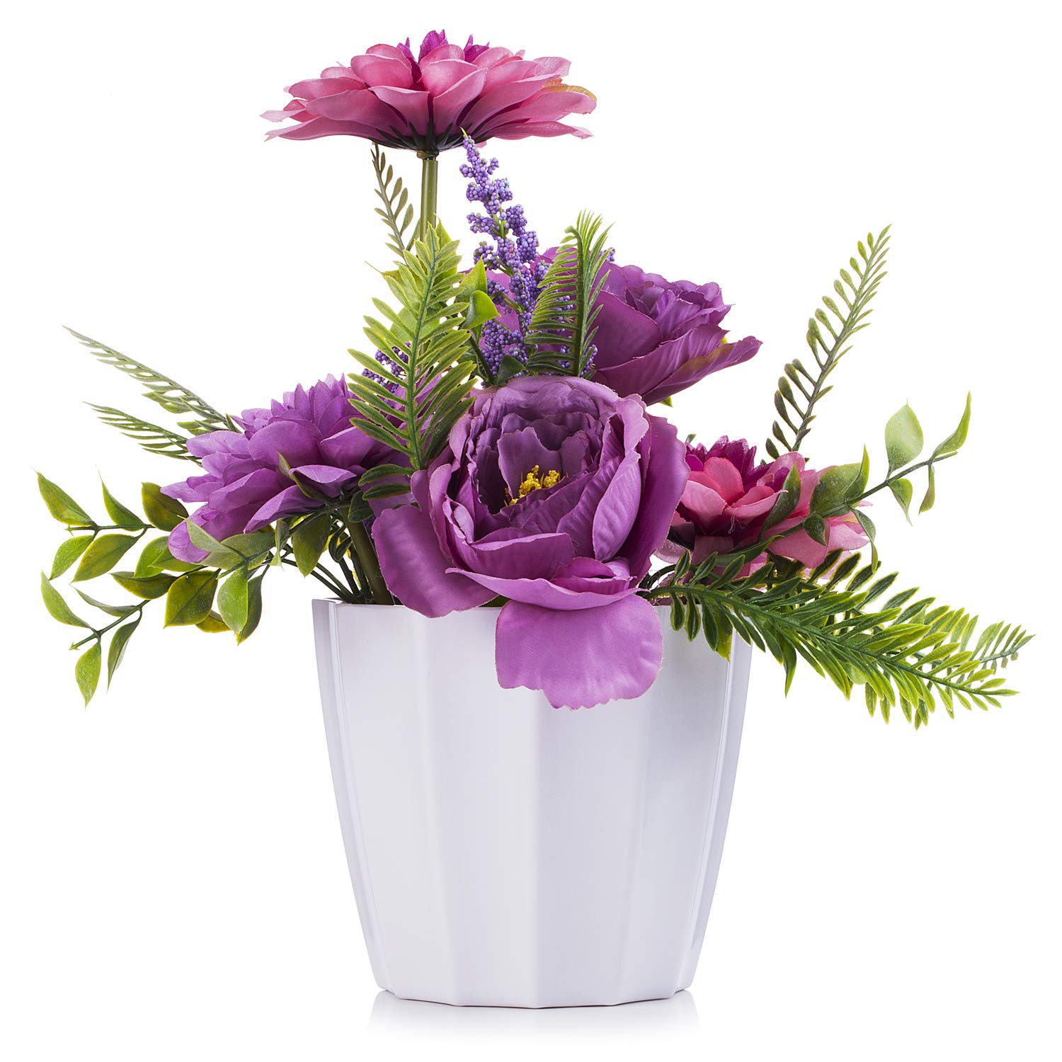 ENOVA HOME Mixed Artificial Peony and Dahlia Silk Flower Arrangement in White Ceramic Pot - Purple Floral Centerpiece for Home, Office, Wedding, and Table Decor