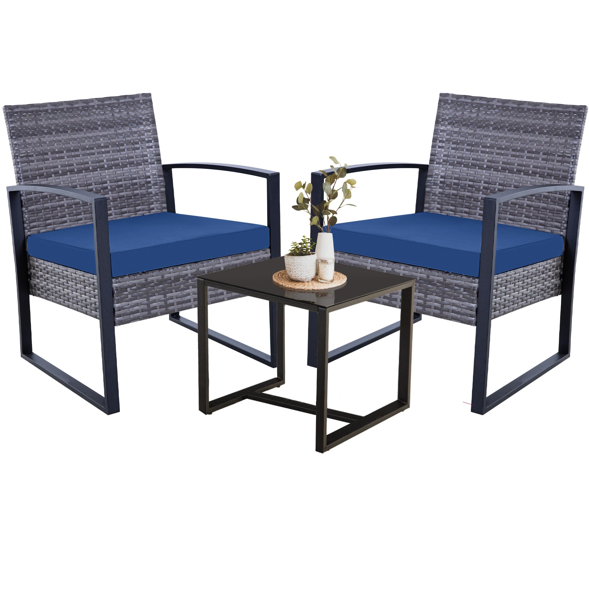 3-Piece Patio Furniture Set - Outdoor Wicker Bistro Set with 2 Chairs, 2 Cushions & Glass Coffee Table - Grey Wicker & Blue Cushions - Perfect for Garden, Balcony, Backyard, Porch, Lawn or Poolside Relaxation
