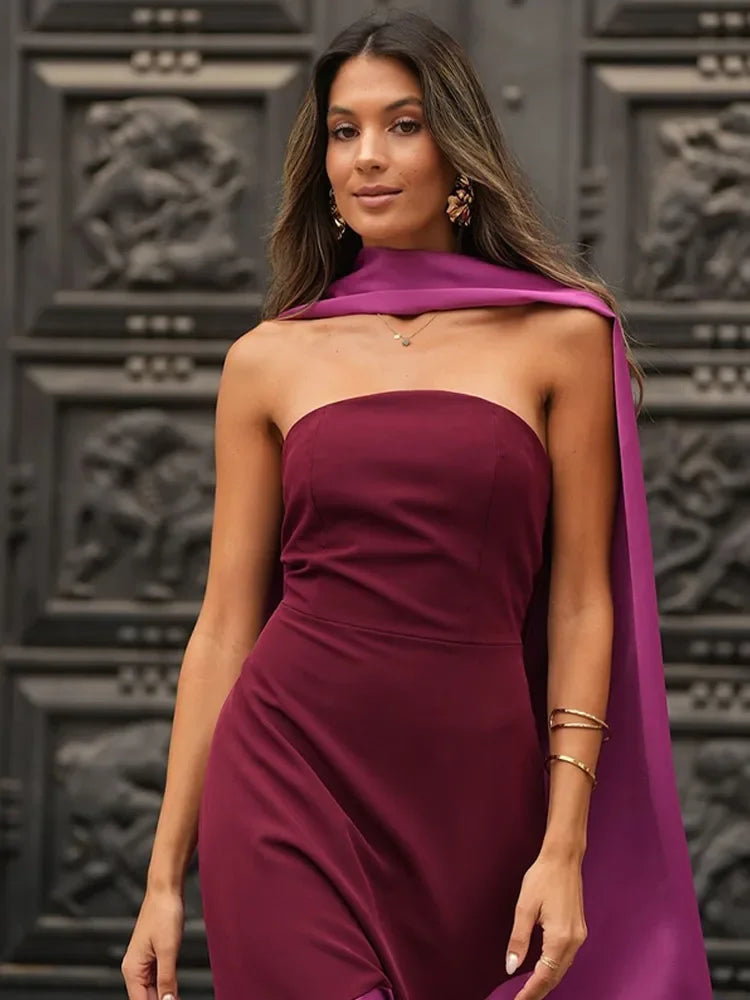 2025 Fashionable Purple Shawl Collar Off-Shoulder Maxi Dress with Contrast Spliced Pleated Hem & Backless Design - Elegant Party Gown for Women | Perfect for Evening Galas, Weddings & Special Occasions