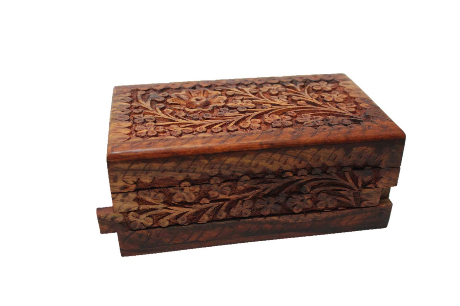 Handcrafted Jewelry Box with Floral Carvings & Child-Resistant Lock - 7