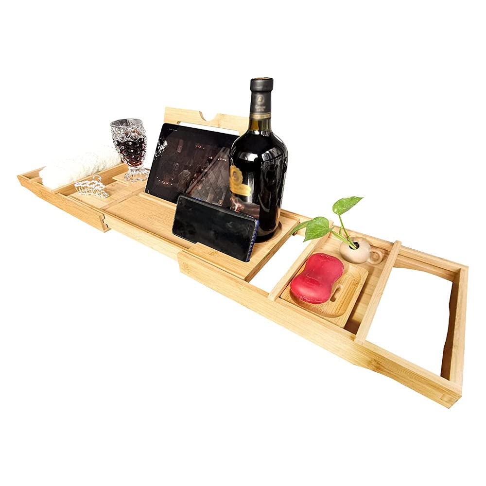 **Retractable Bathtub Caddy Tray - Durable Non-Slip Bath Storage Organizer with Wine Glass Holder, Book Stand & Dish Rack | Perfect for Relaxing Baths, Spa Nights & Reading Time**