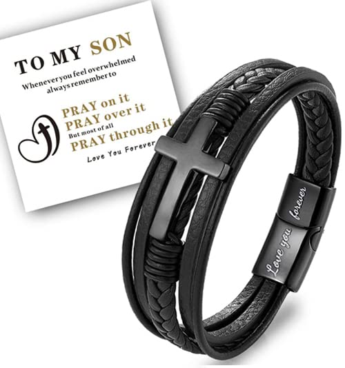 Pray Through It Leather Double Row Braided Stainless Steel Cross Bracelet for Men - Inspirational Christian Gift from Mom/Dad to Son - Religious Jewelry for Daily Wear & Special Occasions