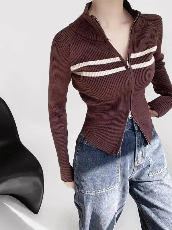 Stylish Striped Zipper Cardigan Sweater for Women - Cozy Fall & Winter Fashion - Perfect for Office, Casual Outings & Layering