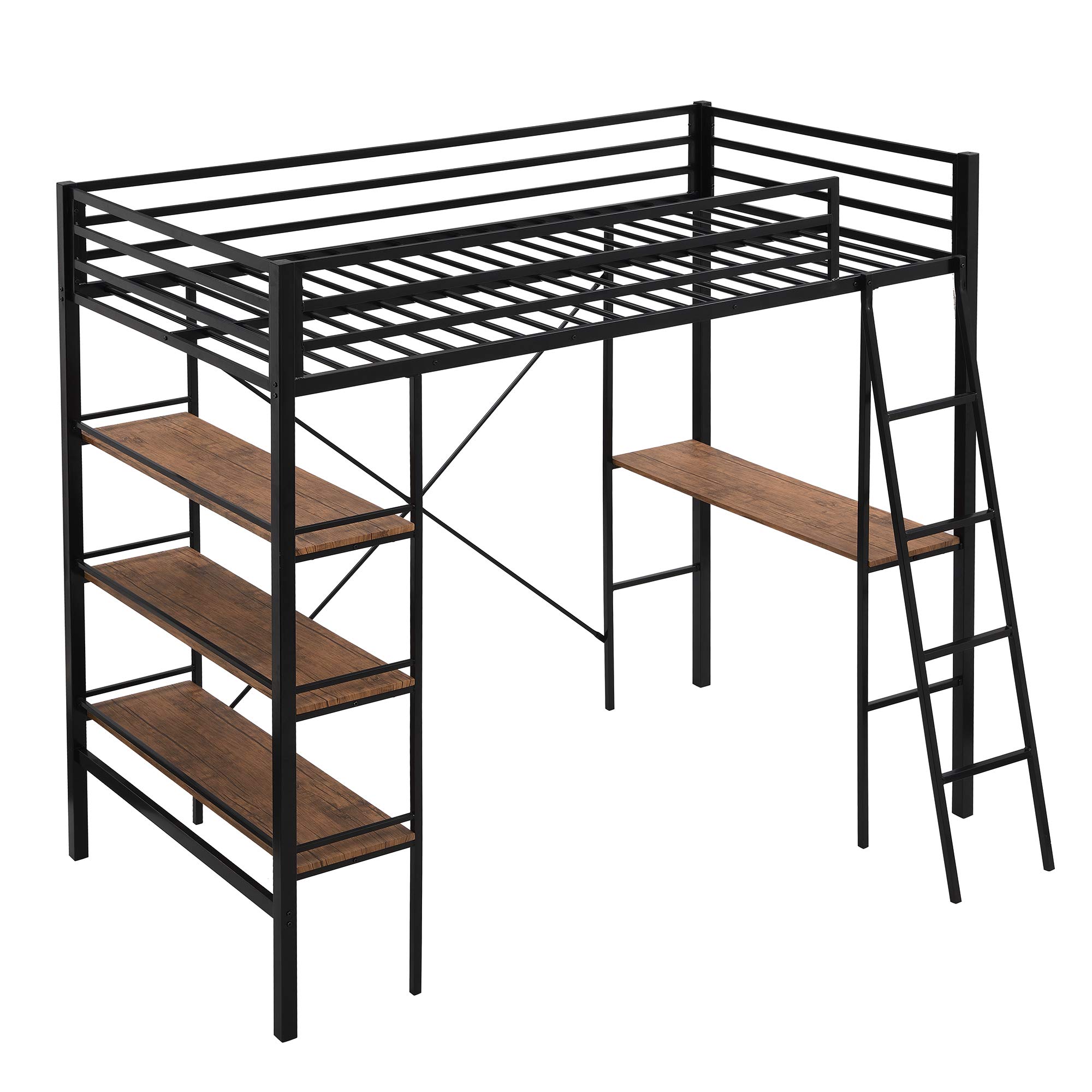 Metal Twin Loft Bed with Storage Shelf & Desk - Full-Length Guardrail, Space-Saving Design - No Box Spring Needed - Perfect for Kids Rooms, Dorms & Small Apartments